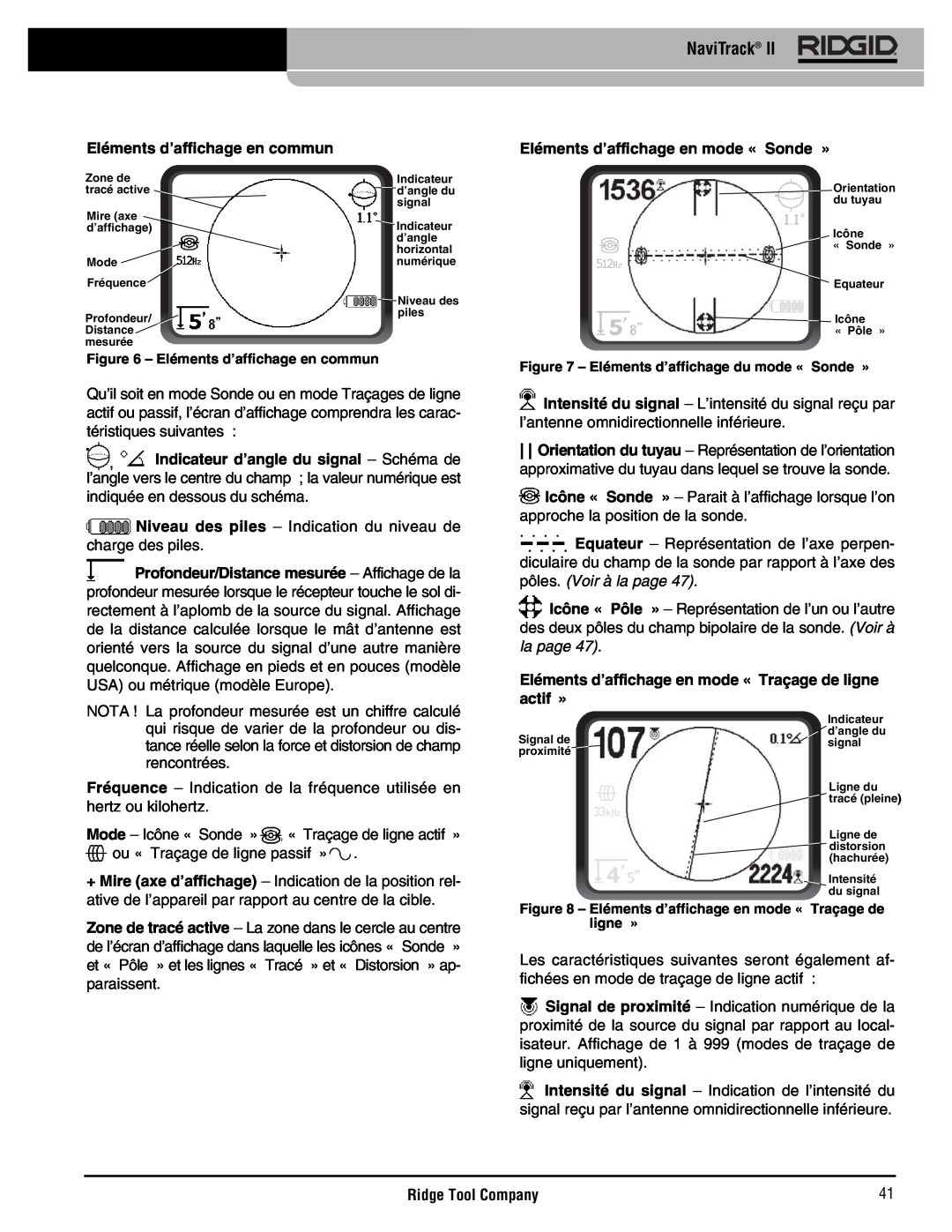 RIDGID Metal Detector manual Eléments d’affichage en commun, Eléments d’affichage en mode « Sonde », NaviTrack 