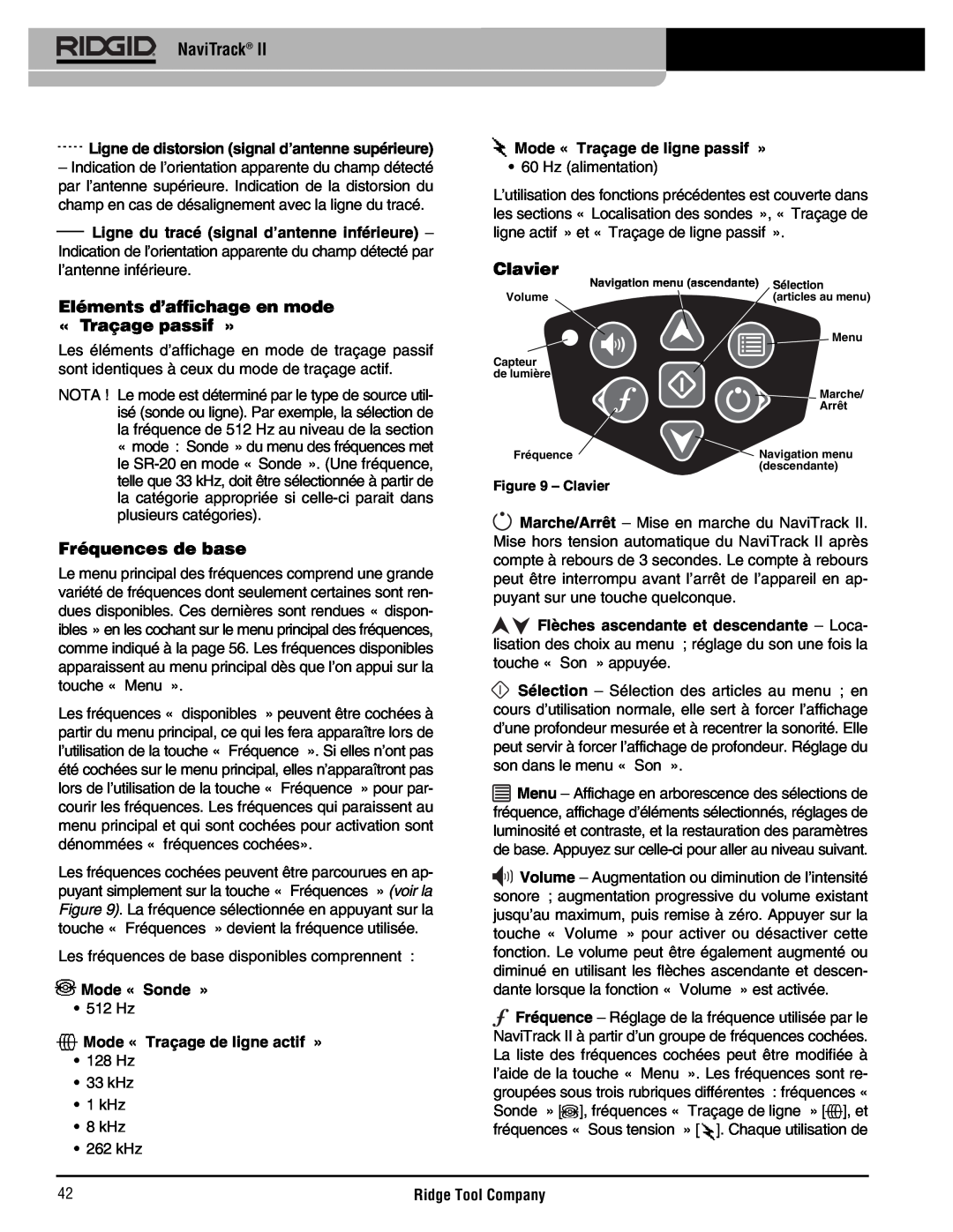 RIDGID Metal Detector manual Eléments d’affichage en mode « Traçage passif », Fréquences de base, Clavier, Mode « Sonde » 