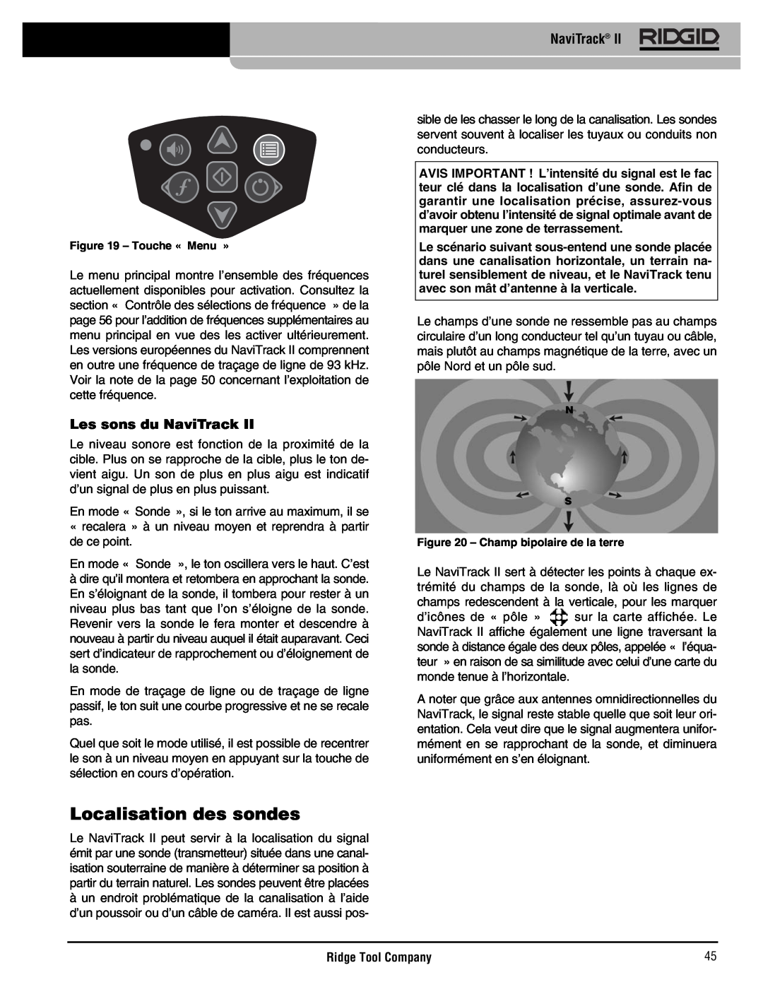 RIDGID Metal Detector manual Localisation des sondes, Les sons du NaviTrack, Ridge Tool Company 