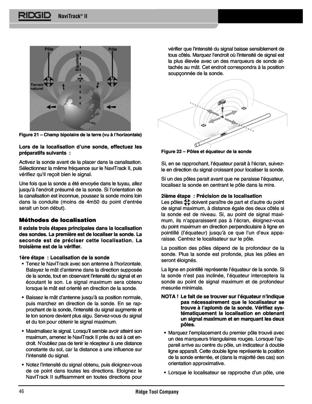 RIDGID Metal Detector manual Méthodes de localisation, 1ère étape Localisation de la sonde, NaviTrack 