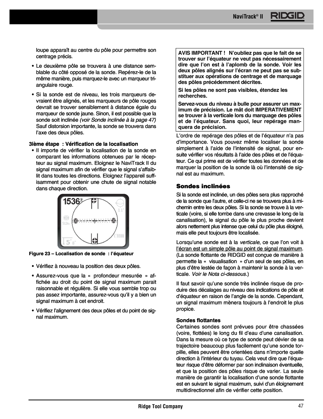 RIDGID Metal Detector manual Sondes inclinées, 3ième étape Vérification de la localisation, Sondes flottantes, NaviTrack 