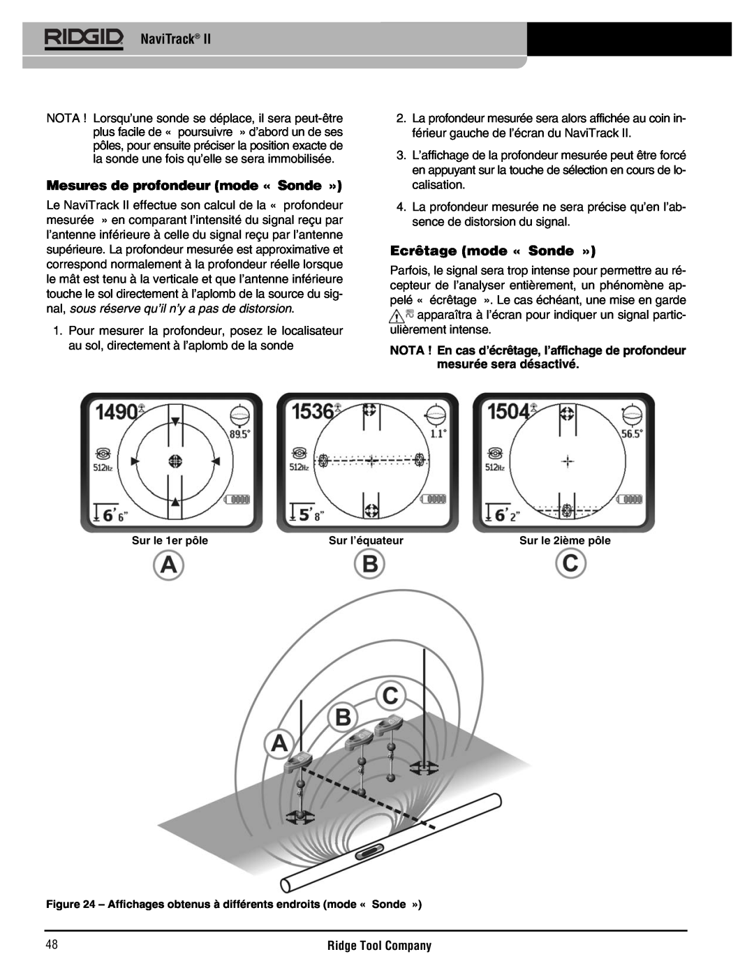 RIDGID Metal Detector manual Mesures de profondeur mode « Sonde », Ecrêtage mode « Sonde », NaviTrack, Sur le 1er pôle 