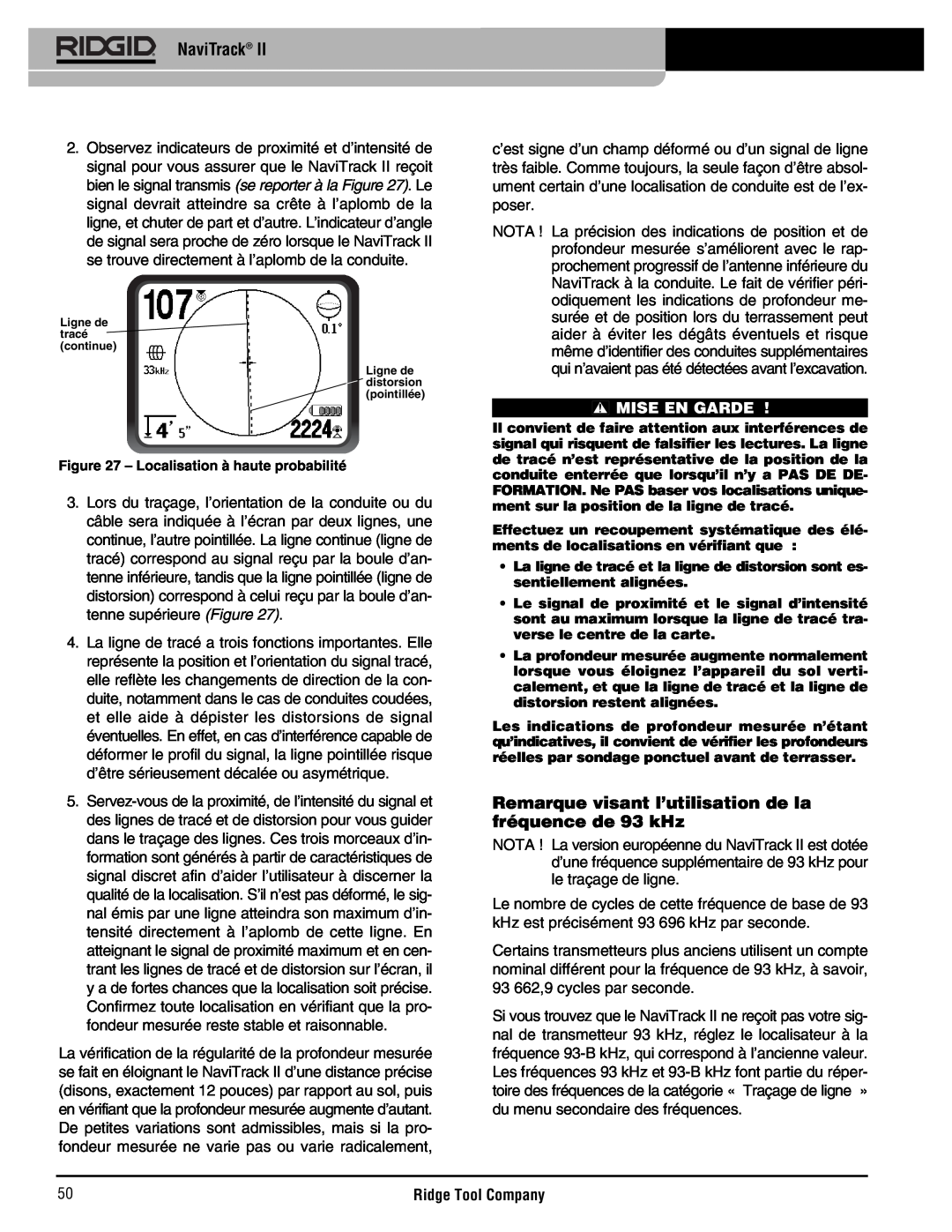 RIDGID Metal Detector manual Remarque visant l’utilisation de la fréquence de 93 kHz, NaviTrack, Mise En Garde 