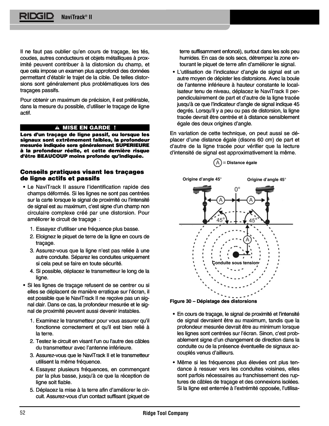 RIDGID Metal Detector manual Conseils pratiques visant les traçages de ligne actifs et passifs, NaviTrack, Mise En Garde 