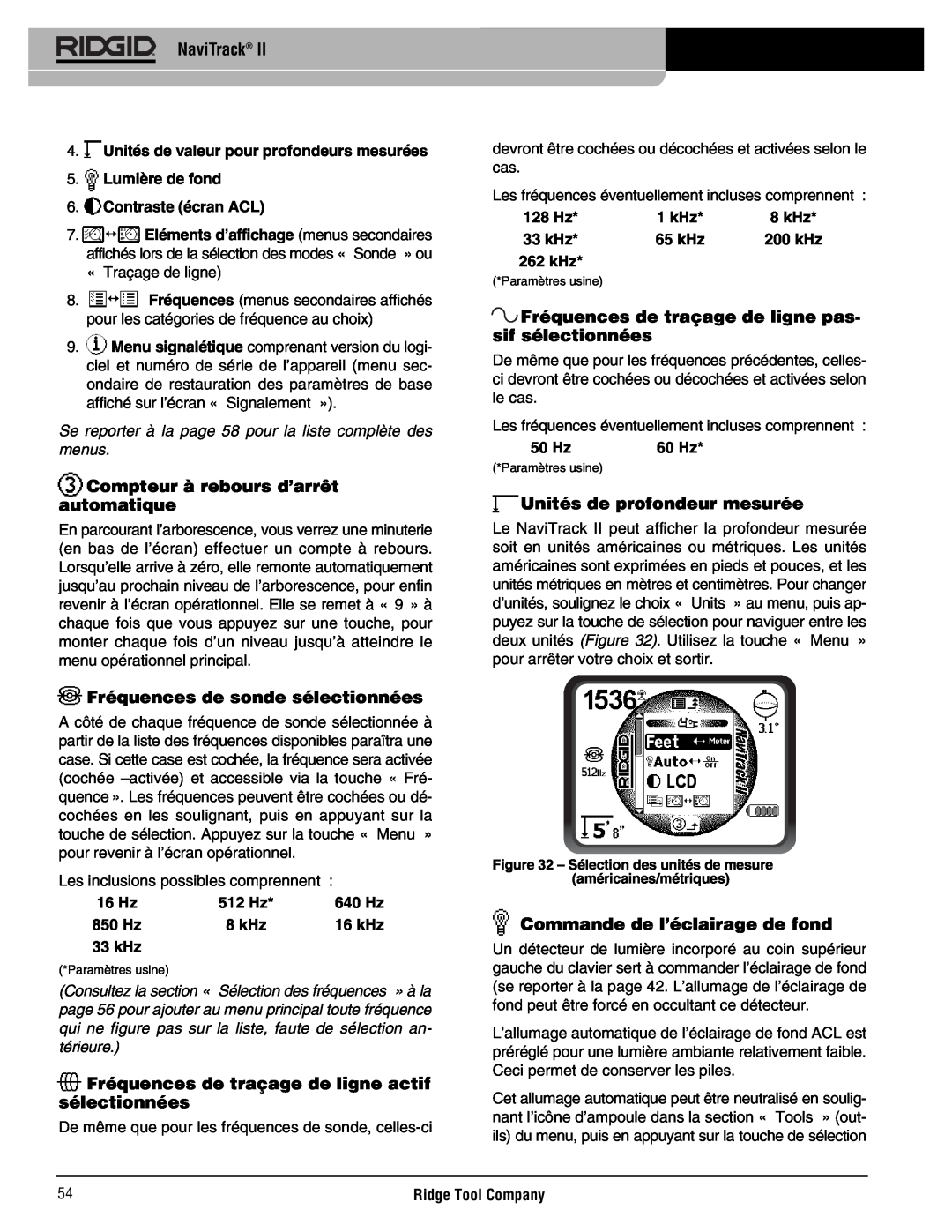 RIDGID Metal Detector manual Compteur à rebours d’arrêt automatique, Fréquences de sonde sélectionnées, Contraste écran ACL 