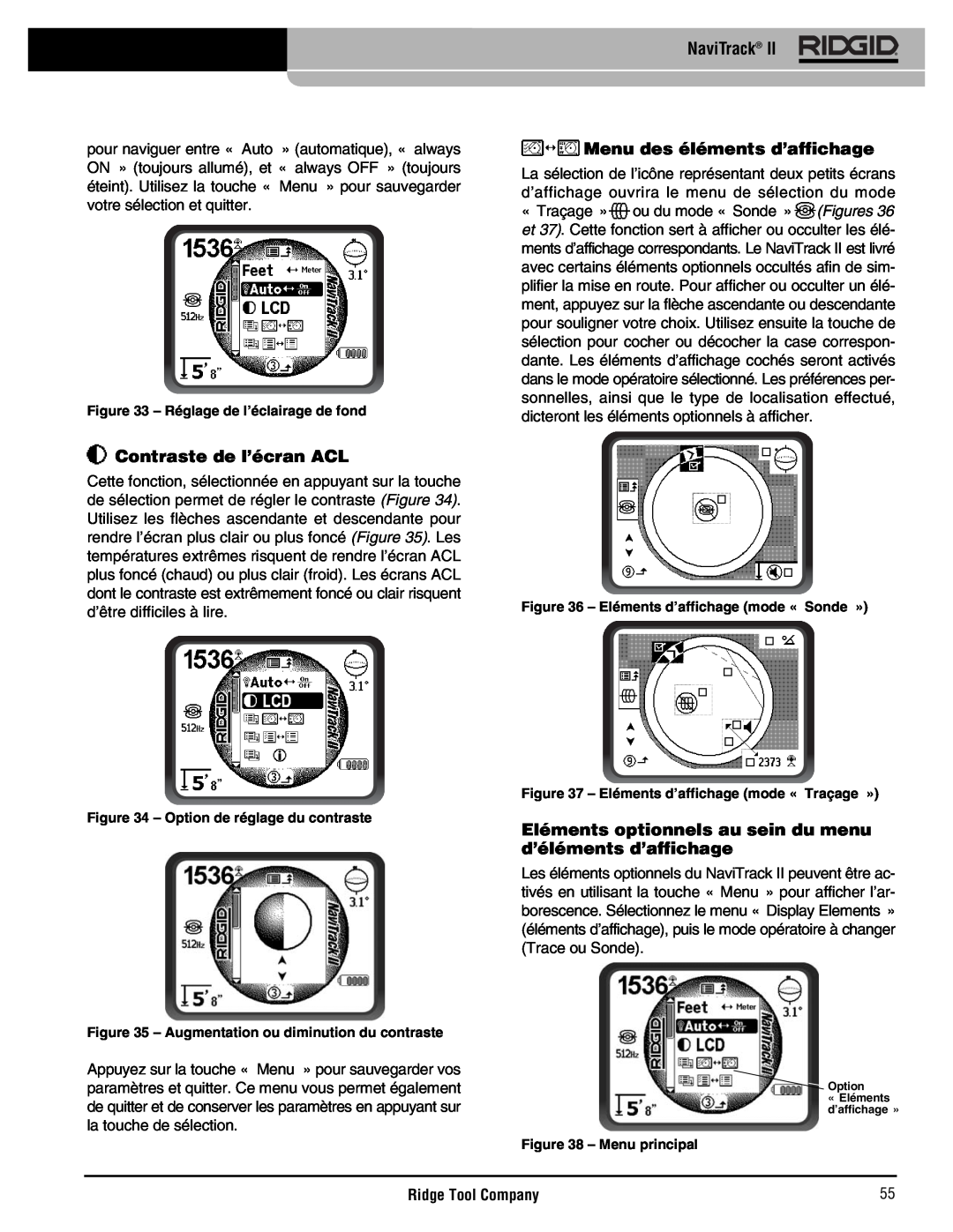 RIDGID Metal Detector manual Contraste de l’écran ACL, Menu des éléments d’affichage, NaviTrack, Ridge Tool Company 