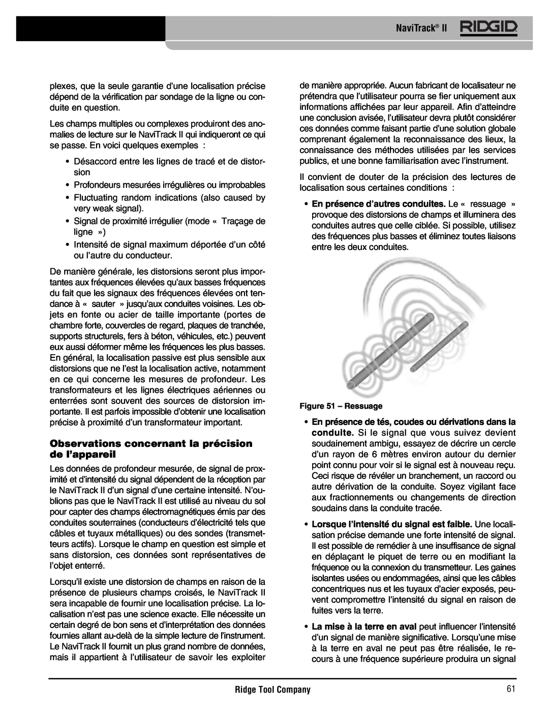 RIDGID Metal Detector manual Observations concernant la précision de l’appareil, NaviTrack, Ridge Tool Company, Ressuage 