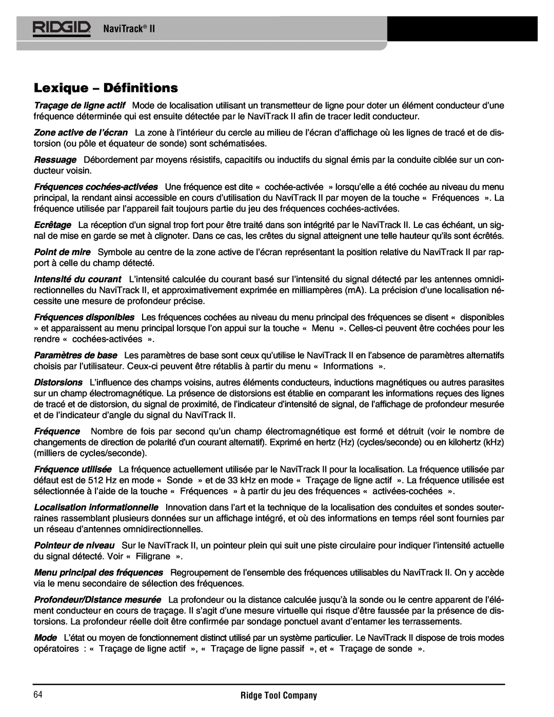 RIDGID Metal Detector manual Lexique - Définitions, NaviTrack 