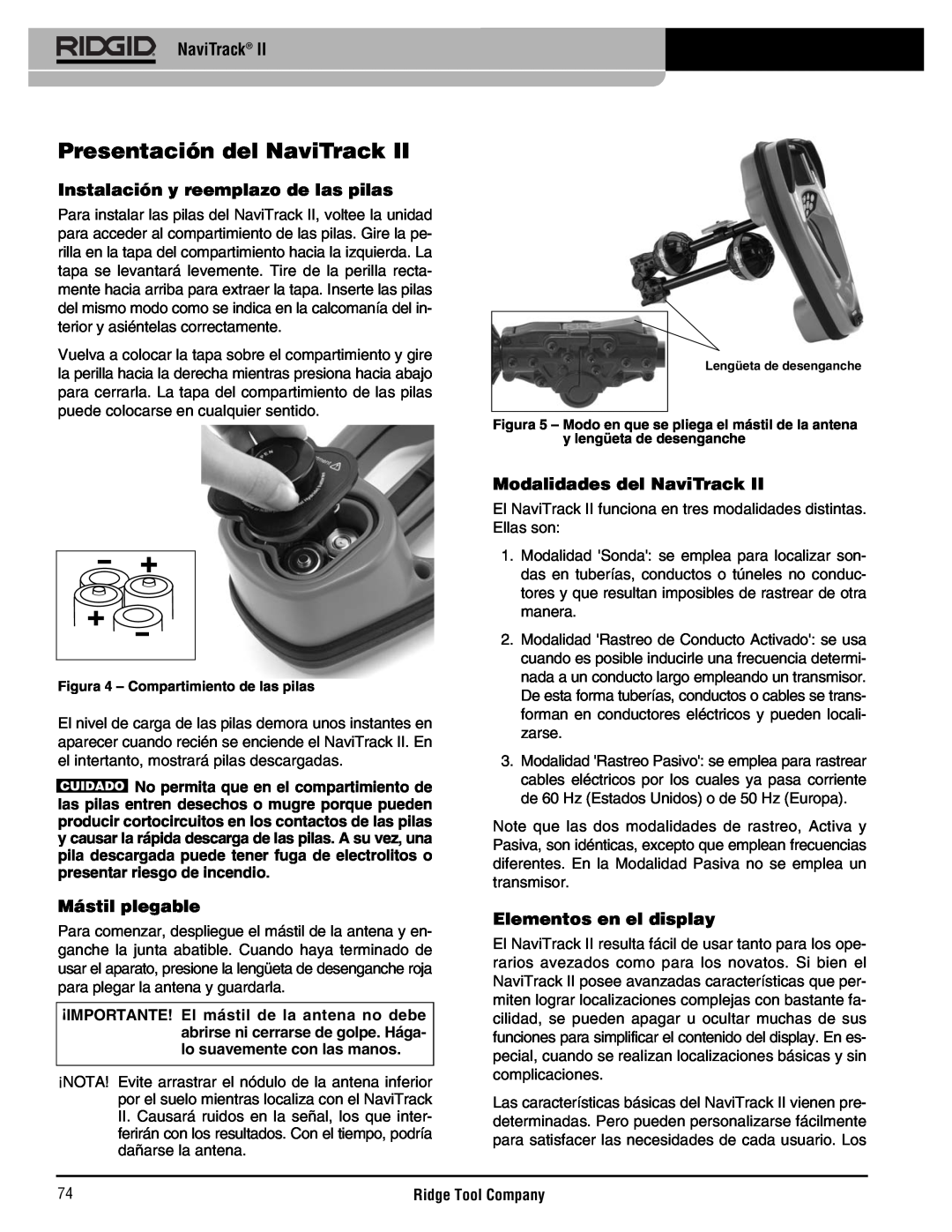 RIDGID Metal Detector manual Presentación del NaviTrack, Instalación y reemplazo de las pilas, Mástil plegable 