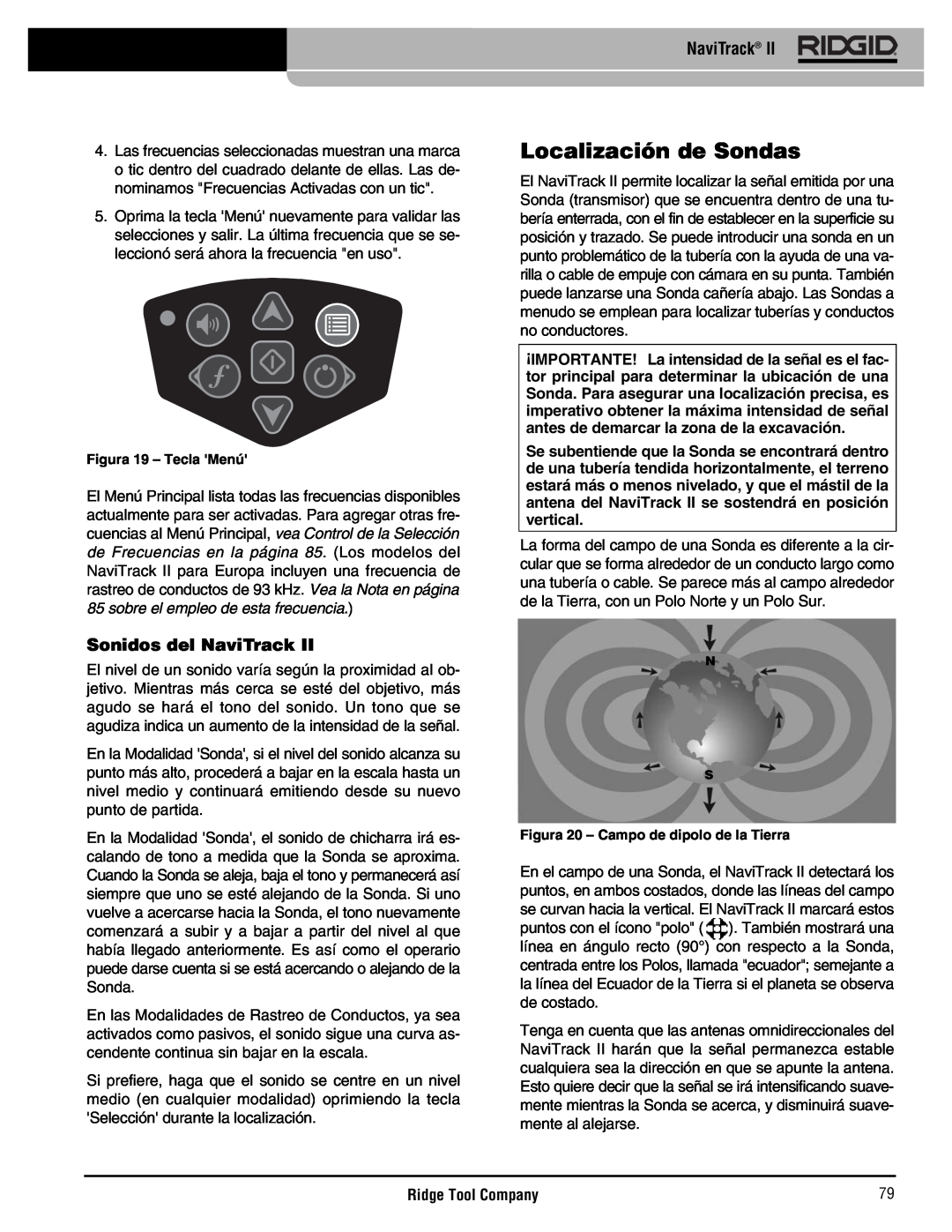 RIDGID Metal Detector manual Localización de Sondas, Sonidos del NaviTrack, Ridge Tool Company, Figura 19 - Tecla Menú 