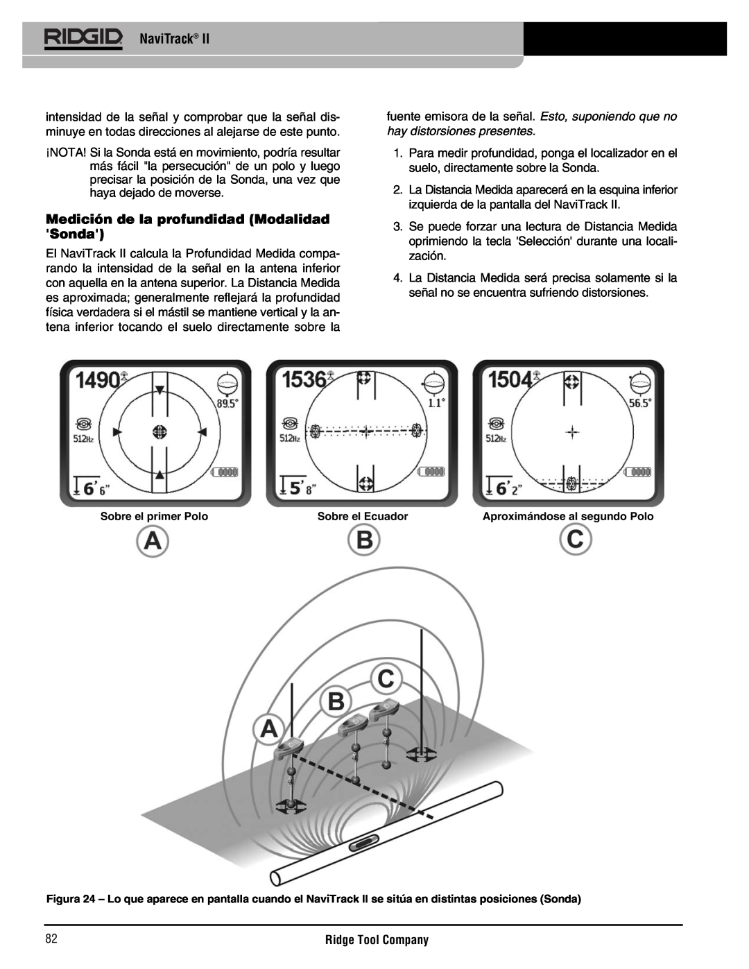 RIDGID Metal Detector manual Medición de la profundidad Modalidad Sonda, NaviTrack, Sobre el primer Polo, Sobre el Ecuador 