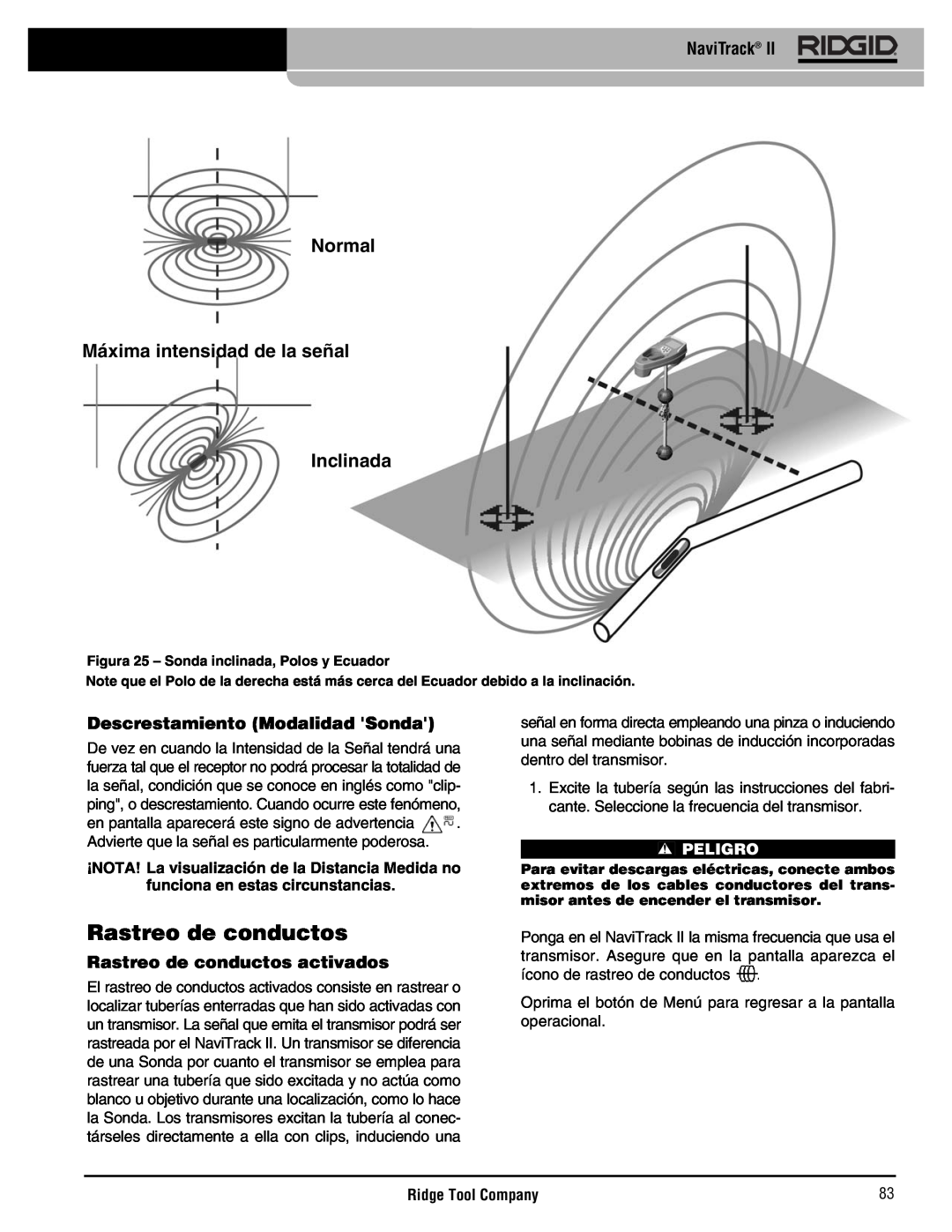 RIDGID Metal Detector manual Normal Máxima intensidad de la señal Inclinada, Rastreo de conductos activados, Peligro 