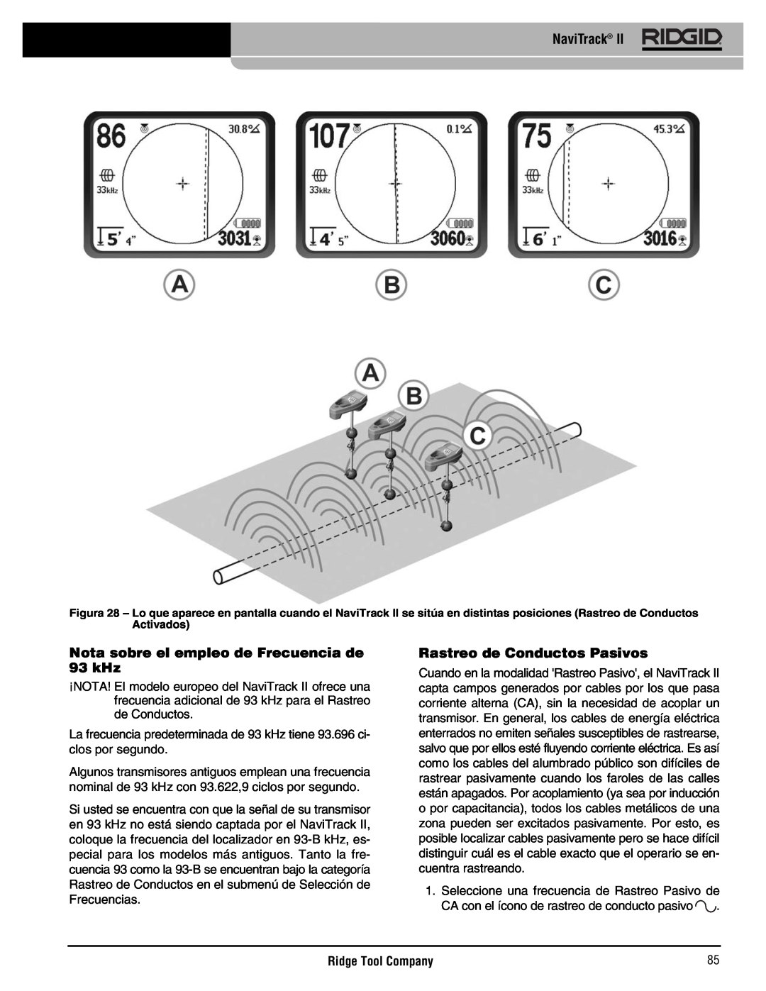 RIDGID Metal Detector manual Nota sobre el empleo de Frecuencia de 93 kHz, Rastreo de Conductos Pasivos, NaviTrack 