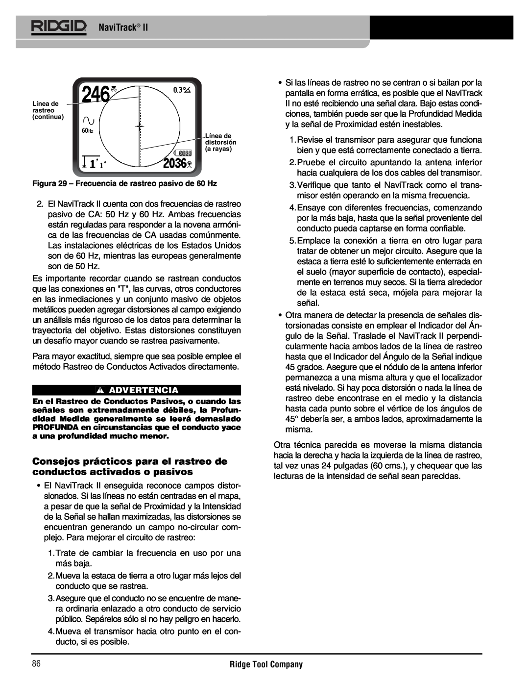 RIDGID Metal Detector manual Consejos prácticos para el rastreo de conductos activados o pasivos, NaviTrack, Advertencia 