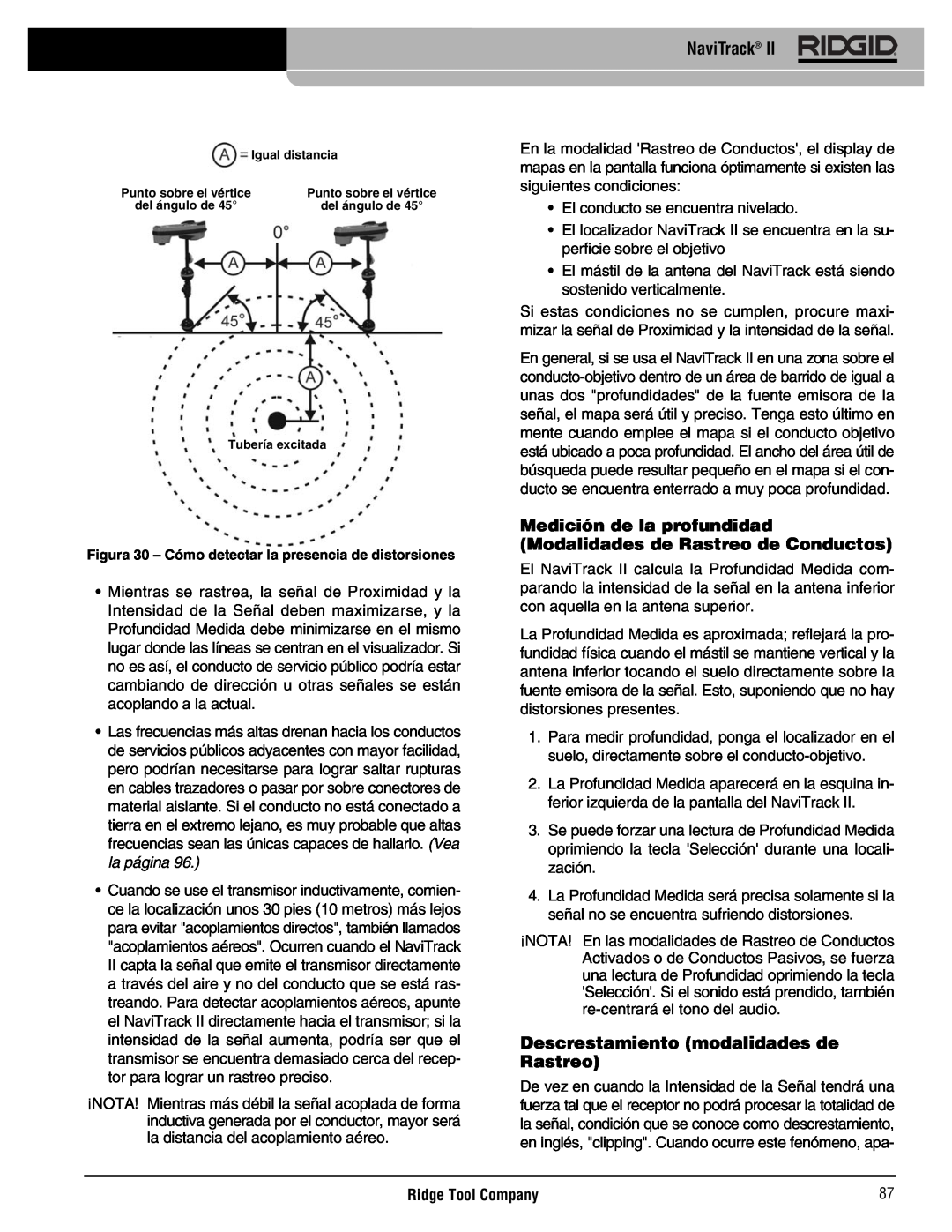 RIDGID Metal Detector manual Medición de la profundidad Modalidades de Rastreo de Conductos, NaviTrack, Ridge Tool Company 