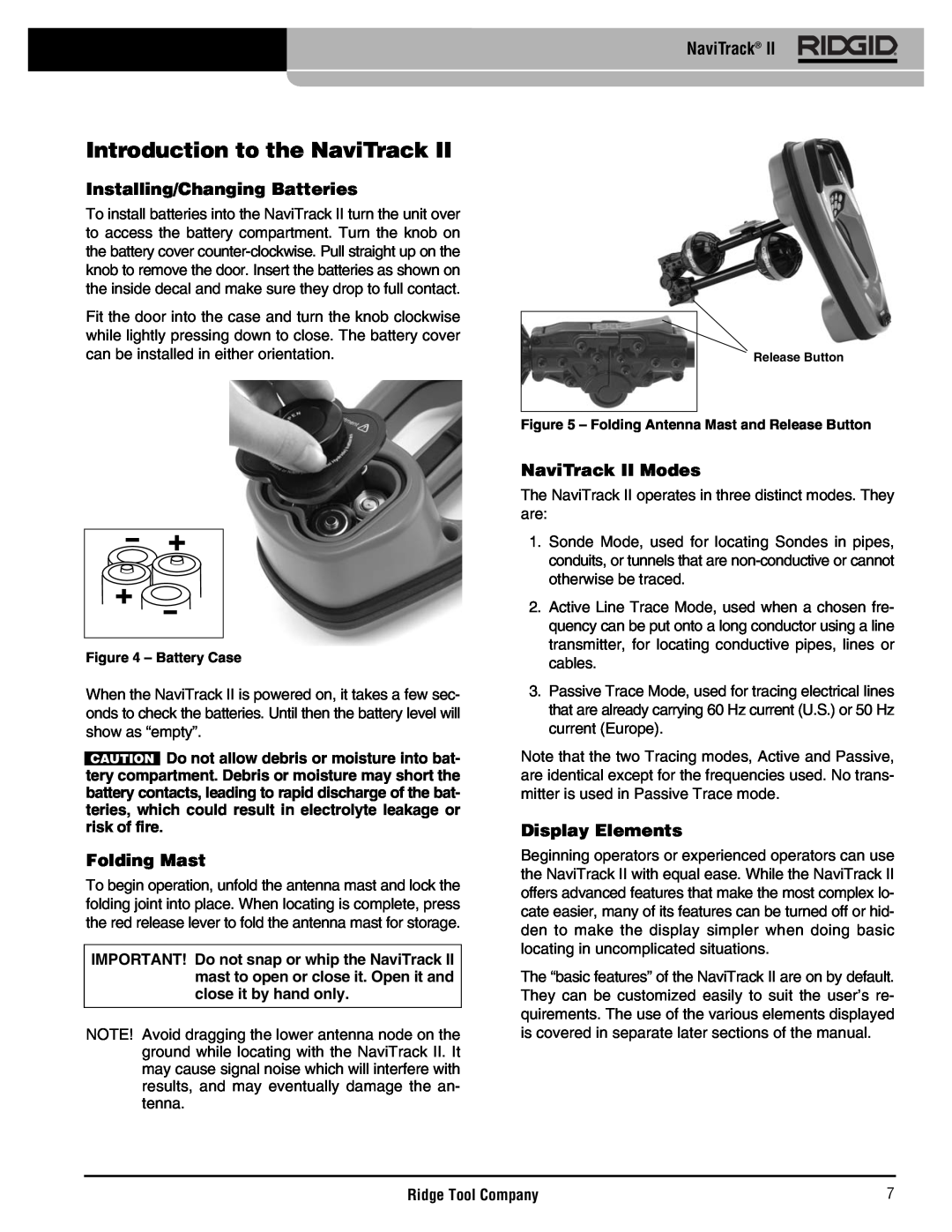 RIDGID Metal Detector manual Introduction to the NaviTrack, Installing/Changing Batteries, Folding Mast, NaviTrack II Modes 