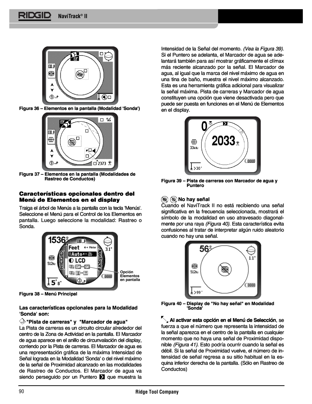 RIDGID Metal Detector manual Características opcionales dentro del Menú de Elementos en el display, No hay señal, NaviTrack 