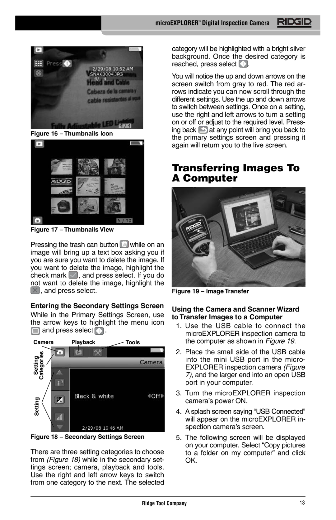 RIDGID microEXPLORER manual Transferring Images To a Computer, Entering the Secondary Settings Screen 