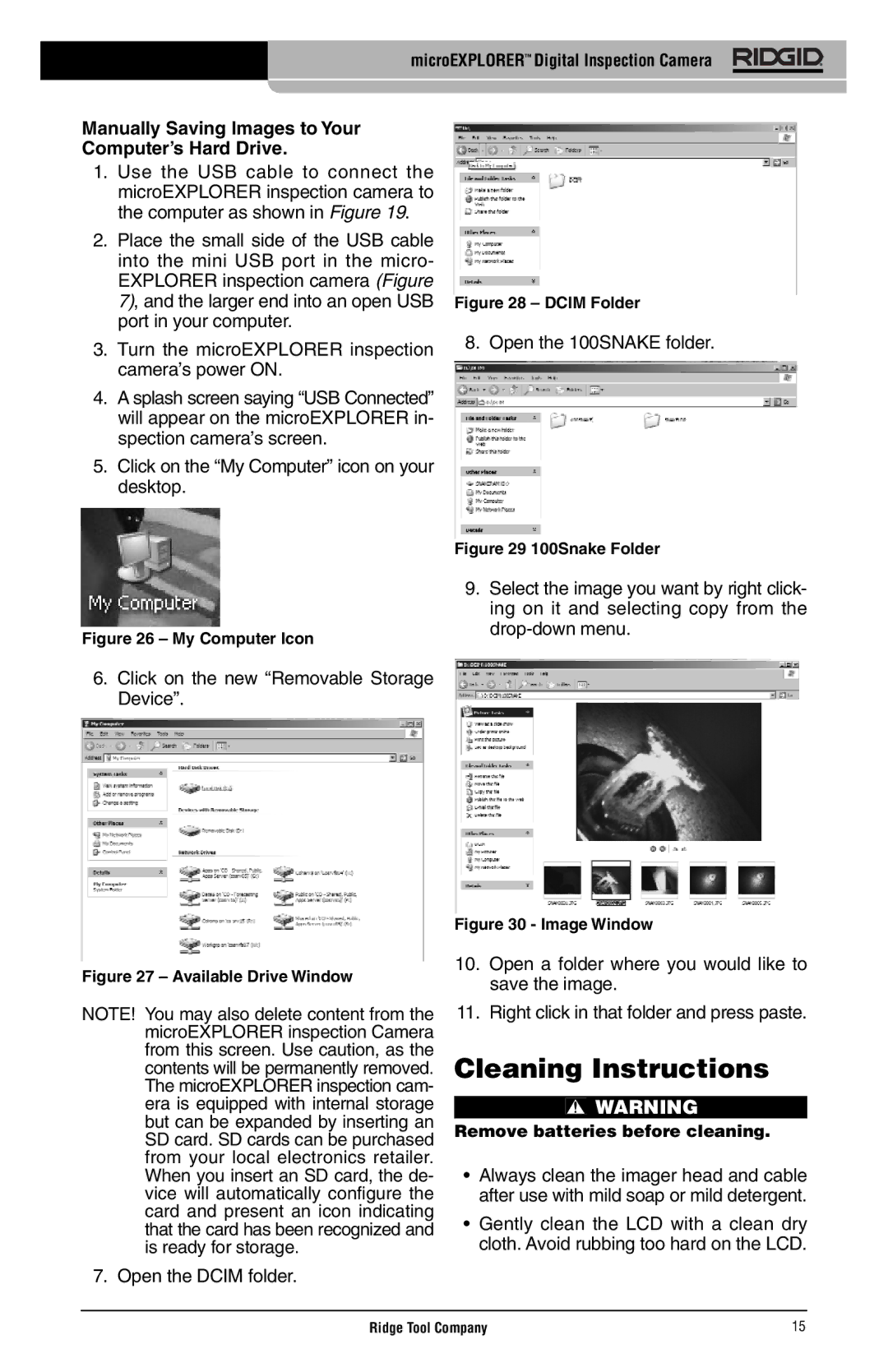 RIDGID microEXPLORER manual Cleaning Instructions, Manually Saving Images to Your Computer’s Hard Drive 