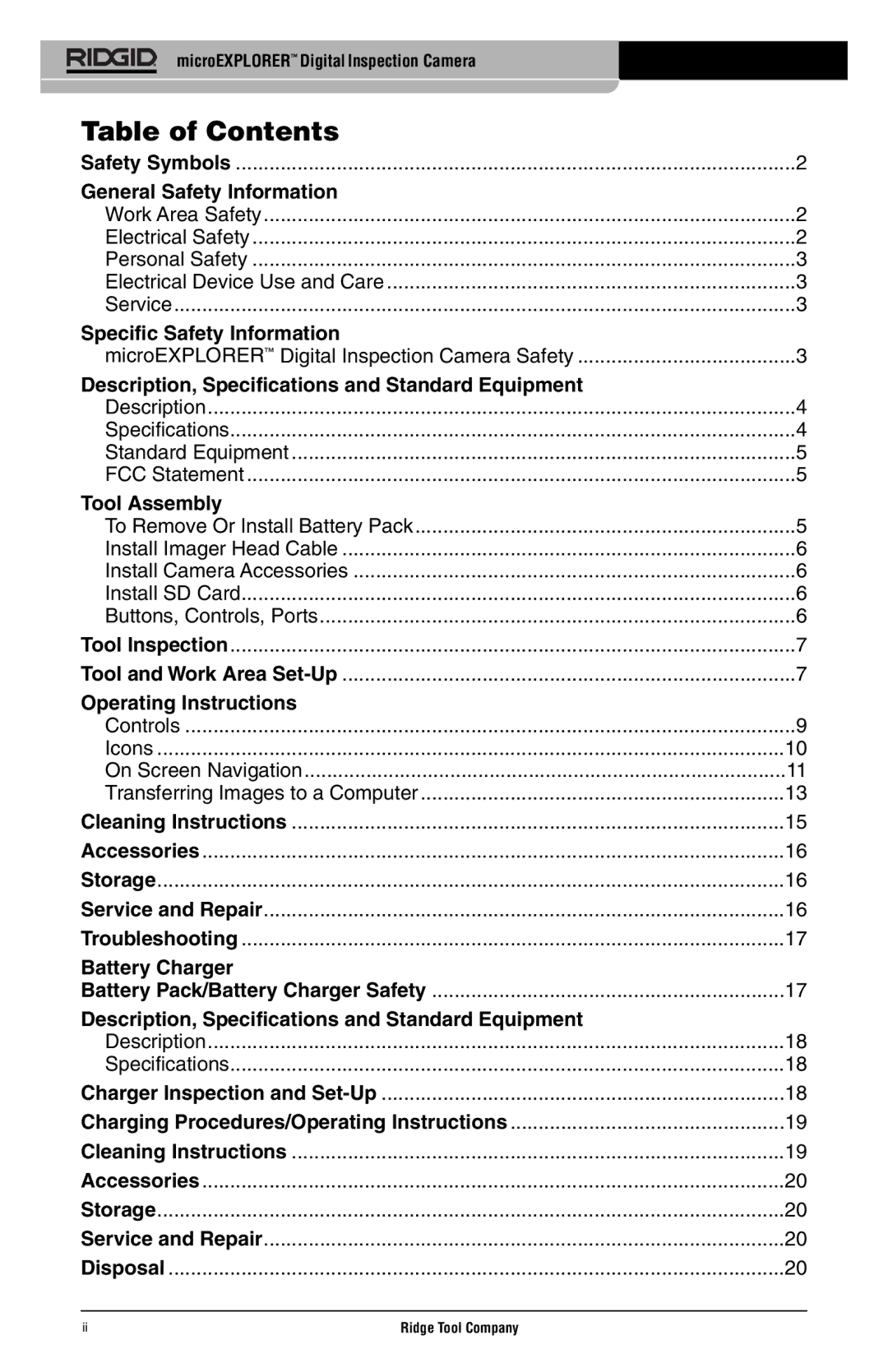 RIDGID microEXPLORER manual Table of Contents 