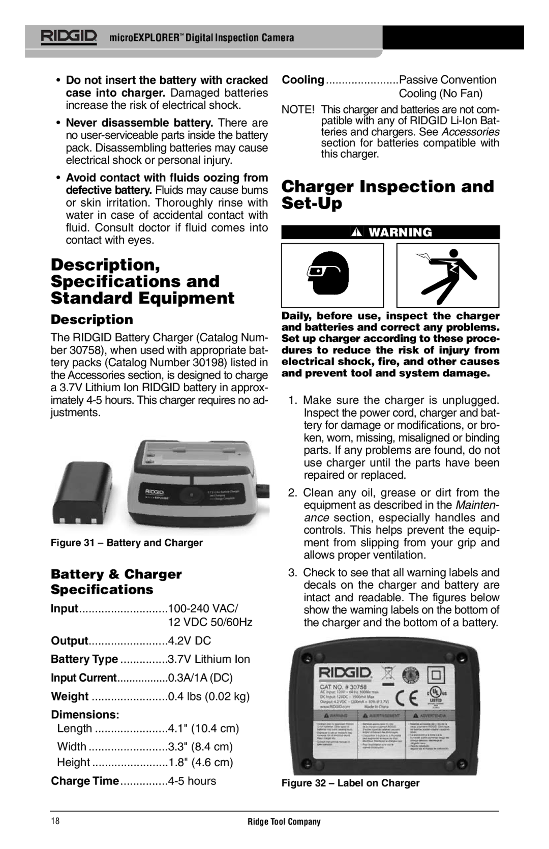 RIDGID microEXPLORER manual Battery & Charger Specifications, Cooling No Fan 