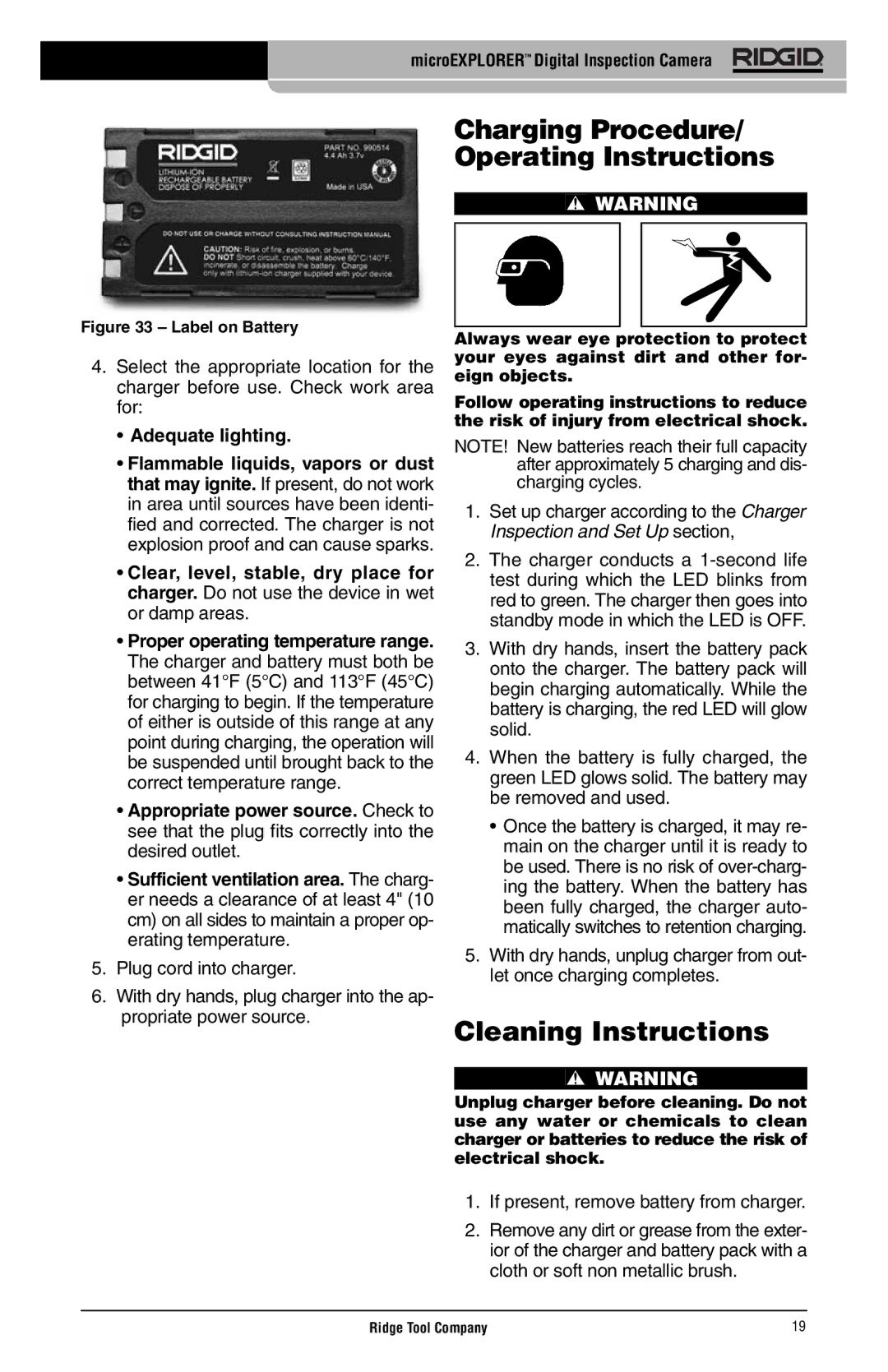 RIDGID microEXPLORER manual Charging Procedure/ Operating Instructions, Adequate lighting 