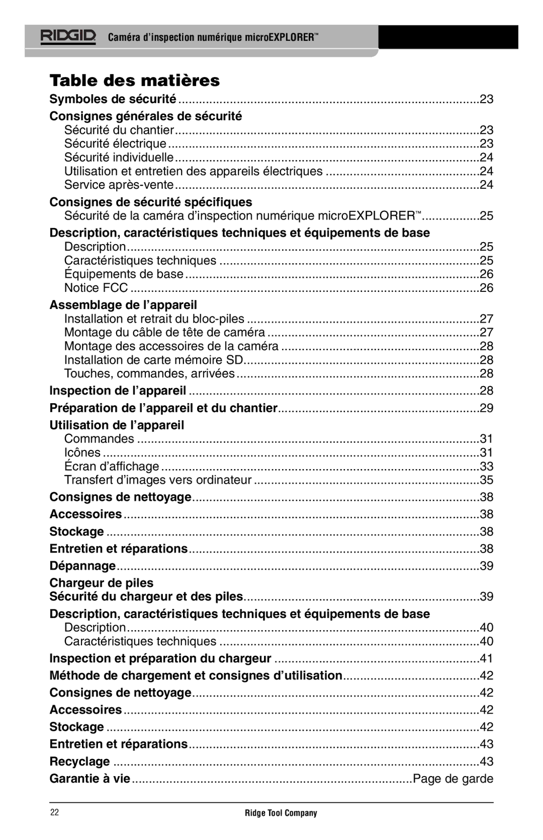 RIDGID microEXPLORER manual Table des matières, Installation et retrait du bloc-piles 