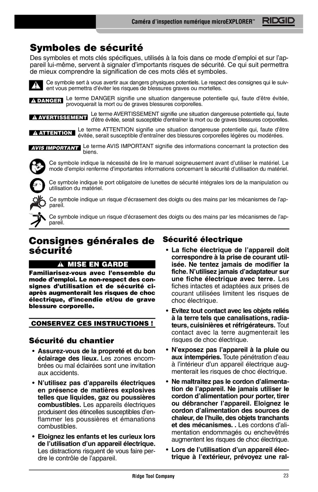 RIDGID microEXPLORER Symboles de sécurité, Consignes générales de sécurité, Sécurité du chantier, Sécurité électrique 