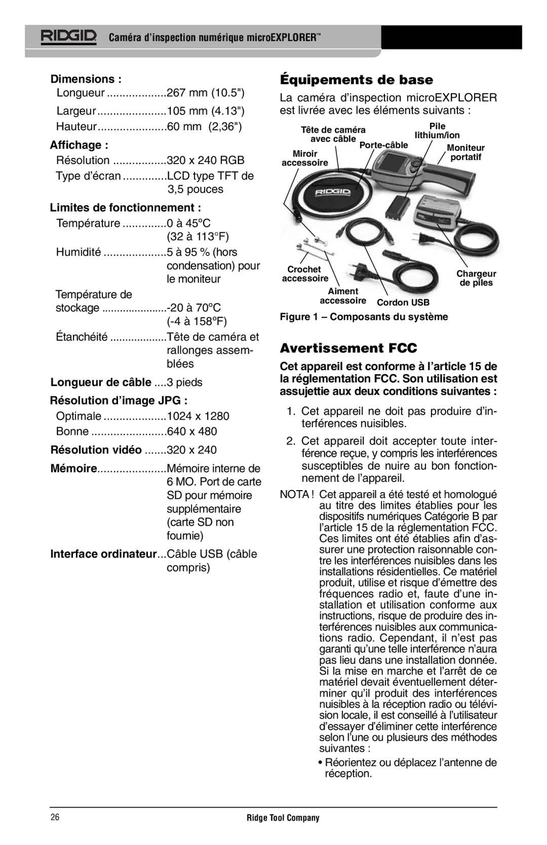 RIDGID microEXPLORER manual Équipements de base, Avertissement FCC 