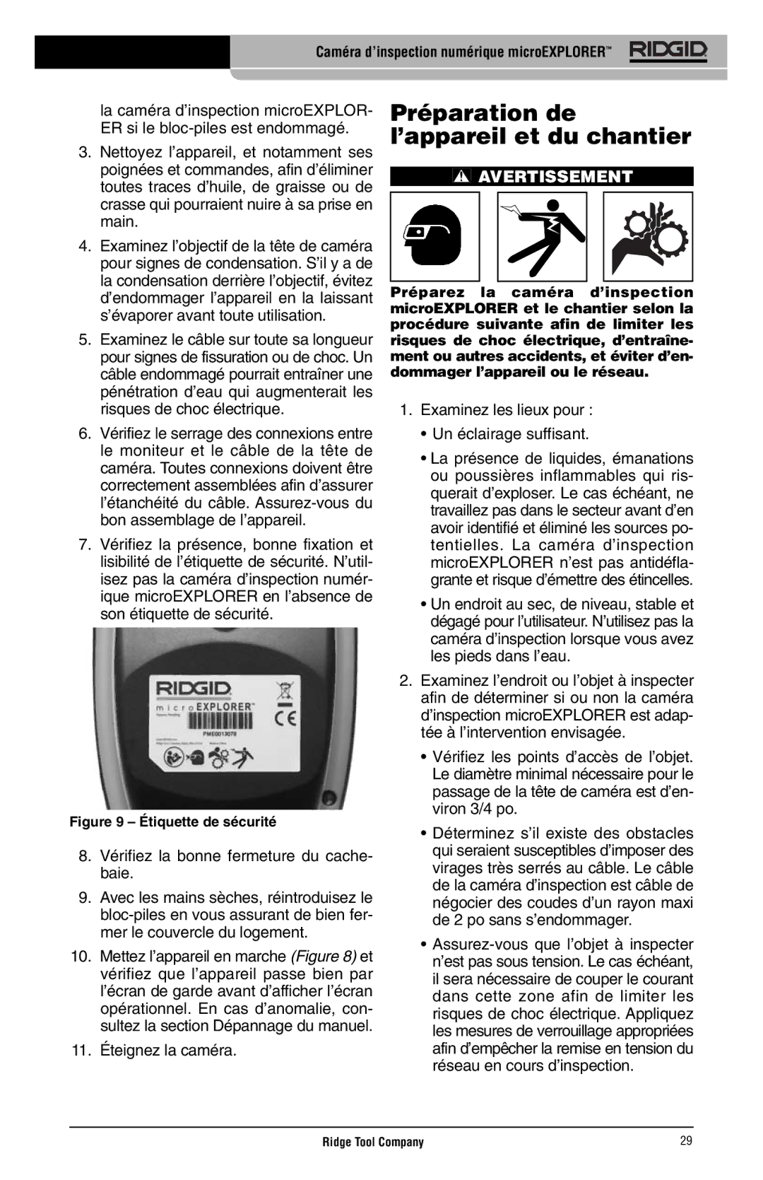 RIDGID microEXPLORER manual Préparation de l’appareil et du chantier, 11. Éteignez la caméra 