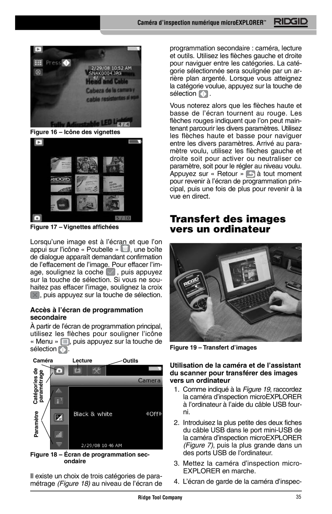 RIDGID microEXPLORER manual Transfert des images vers un ordinateur, Accès à l’écran de programmation secondaire 