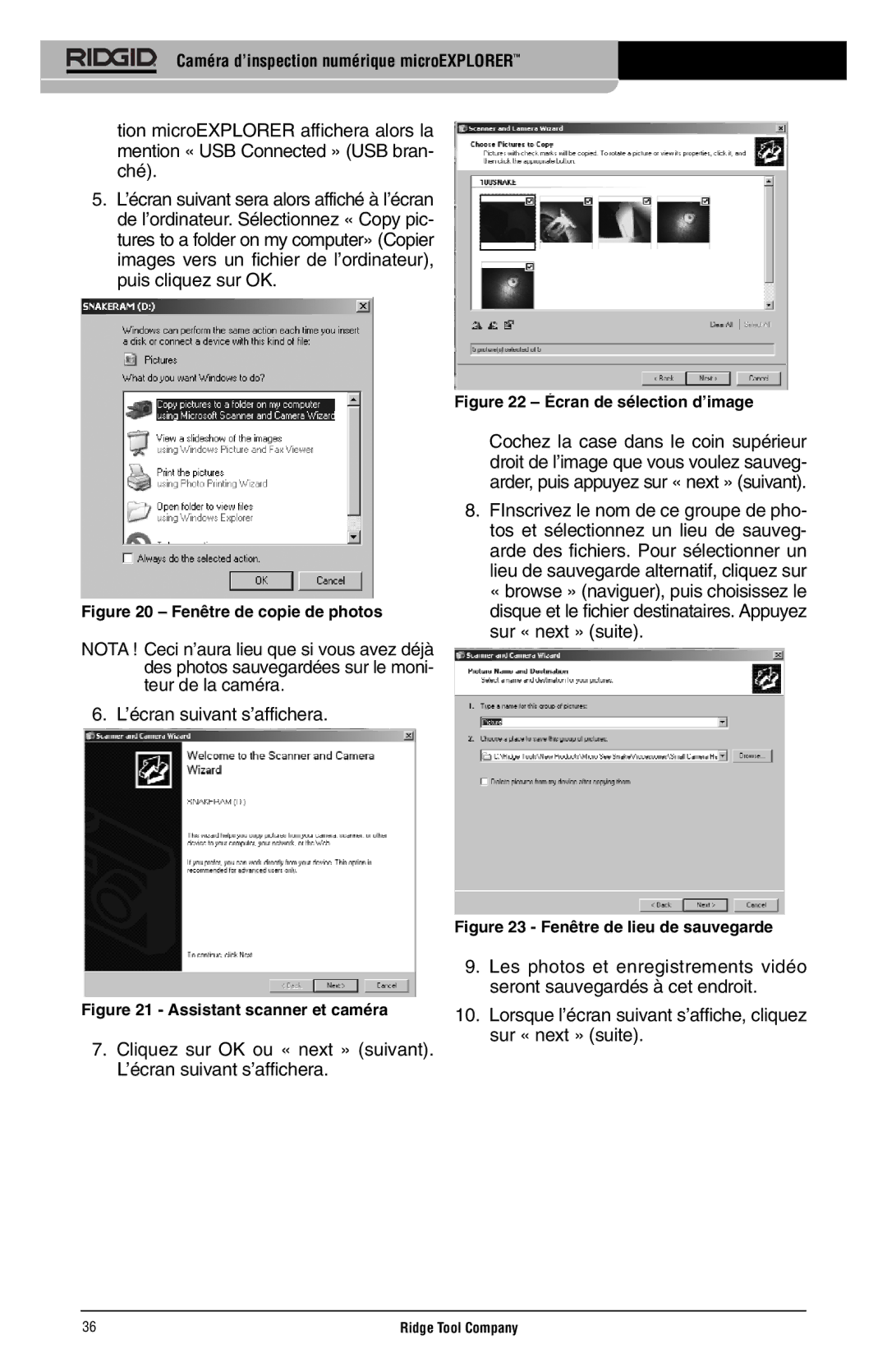 RIDGID microEXPLORER manual Fenêtre de copie de photos 