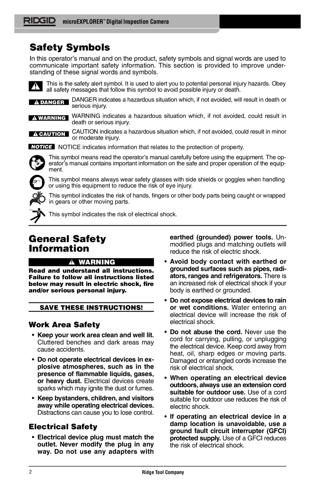 RIDGID microEXPLORER manual Safety Symbols, General Safety Information, Work Area Safety, Electrical Safety 