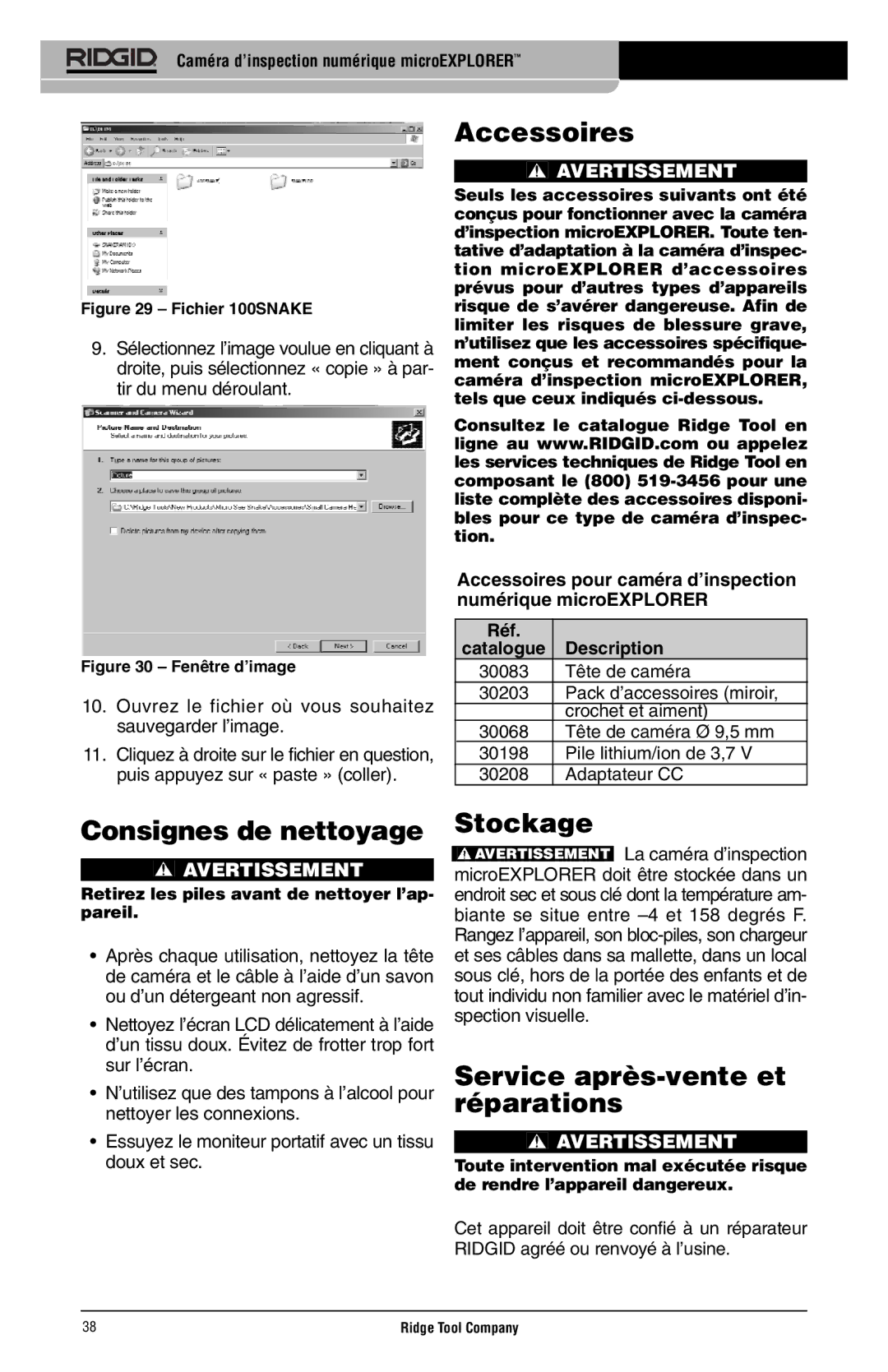 RIDGID microEXPLORER manual Accessoires, Consignes de nettoyage, Stockage, Service après-vente et réparations, Réf 