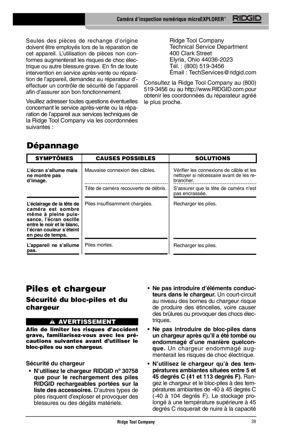 RIDGID microEXPLORER manual Dépannage, Piles et chargeur, Sécurité du bloc-piles et du chargeur, Sécurité du chargeur 