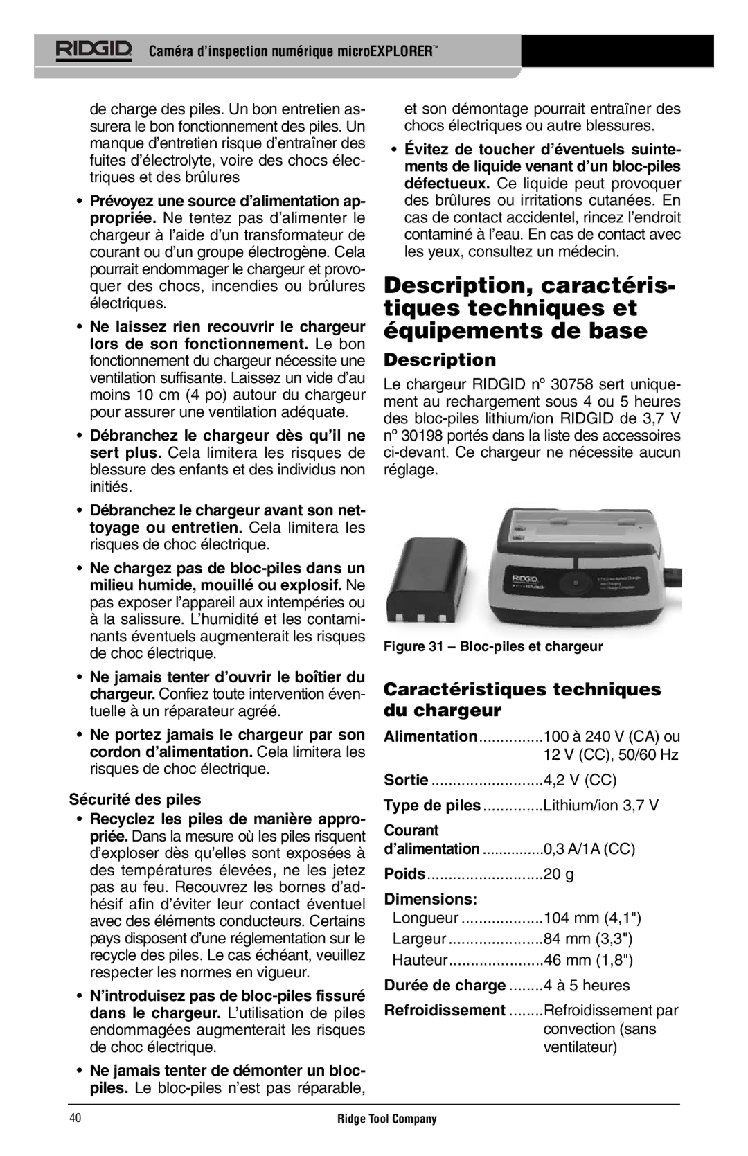 RIDGID microEXPLORER manual Caractéristiques techniques du chargeur, Courant 