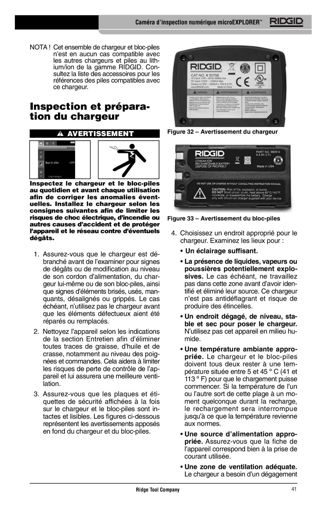 RIDGID microEXPLORER manual Inspection et prépara- tion du chargeur, Un éclairage suffisant 