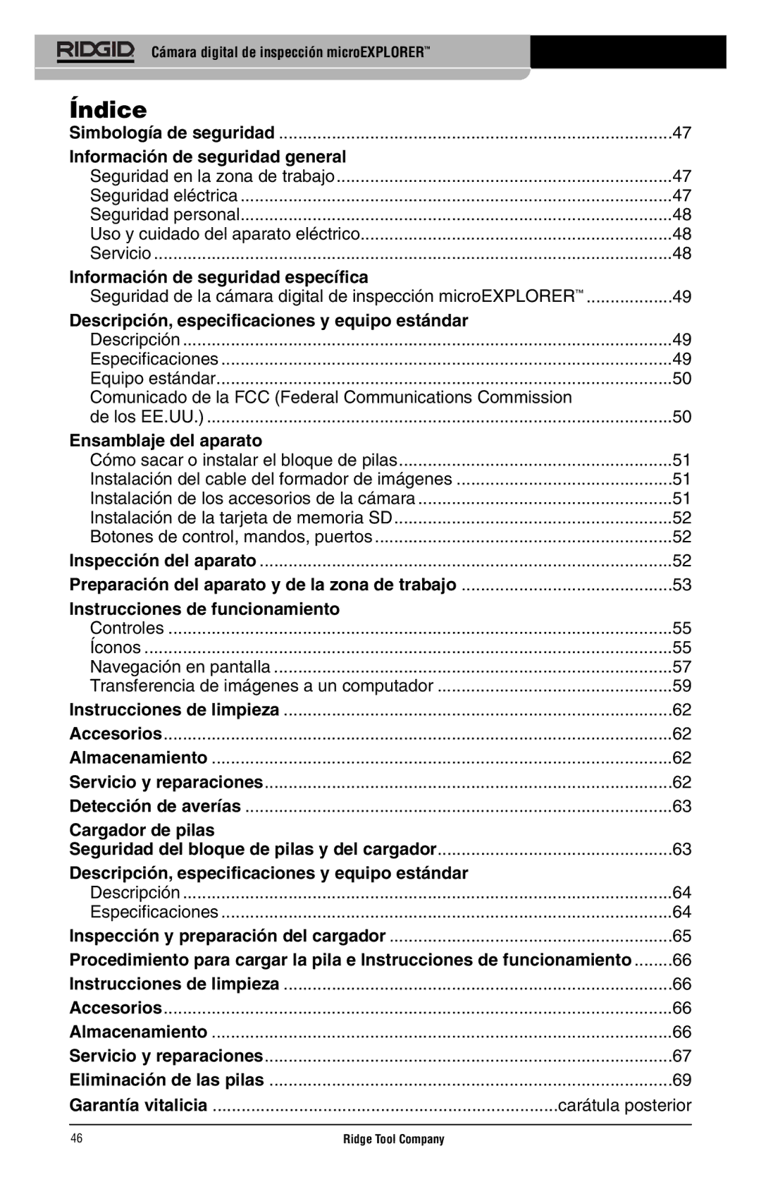 RIDGID microEXPLORER manual Índice, Información de seguridad general 