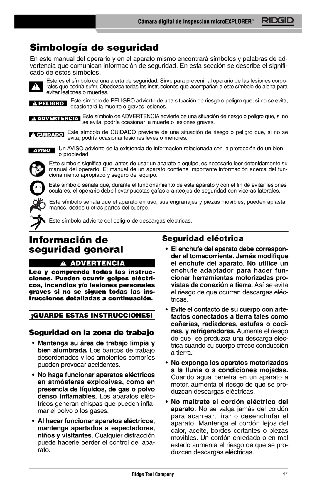 RIDGID microEXPLORER manual Simbología de seguridad, Información de seguridad general, Seguridad en la zona de trabajo 