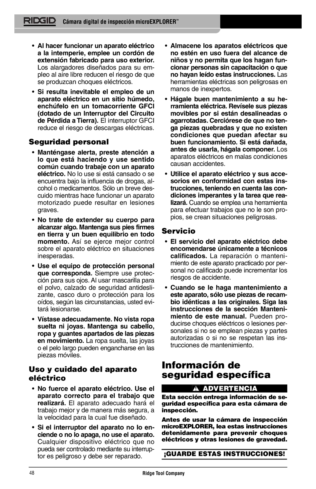 RIDGID microEXPLORER manual Información de seguridad específica, Seguridad personal, Uso y cuidado del aparato eléctrico 