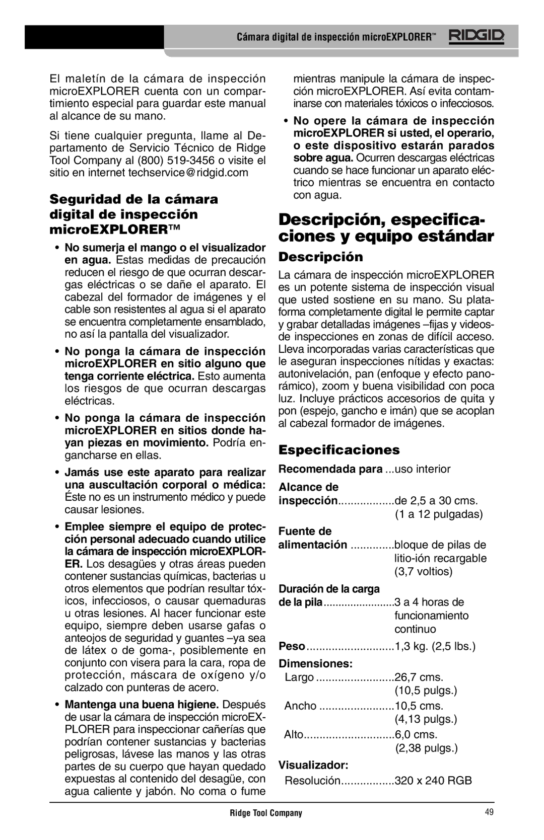 RIDGID microEXPLORER manual Descripción, especifica- ciones y equipo estándar, Especificaciones 