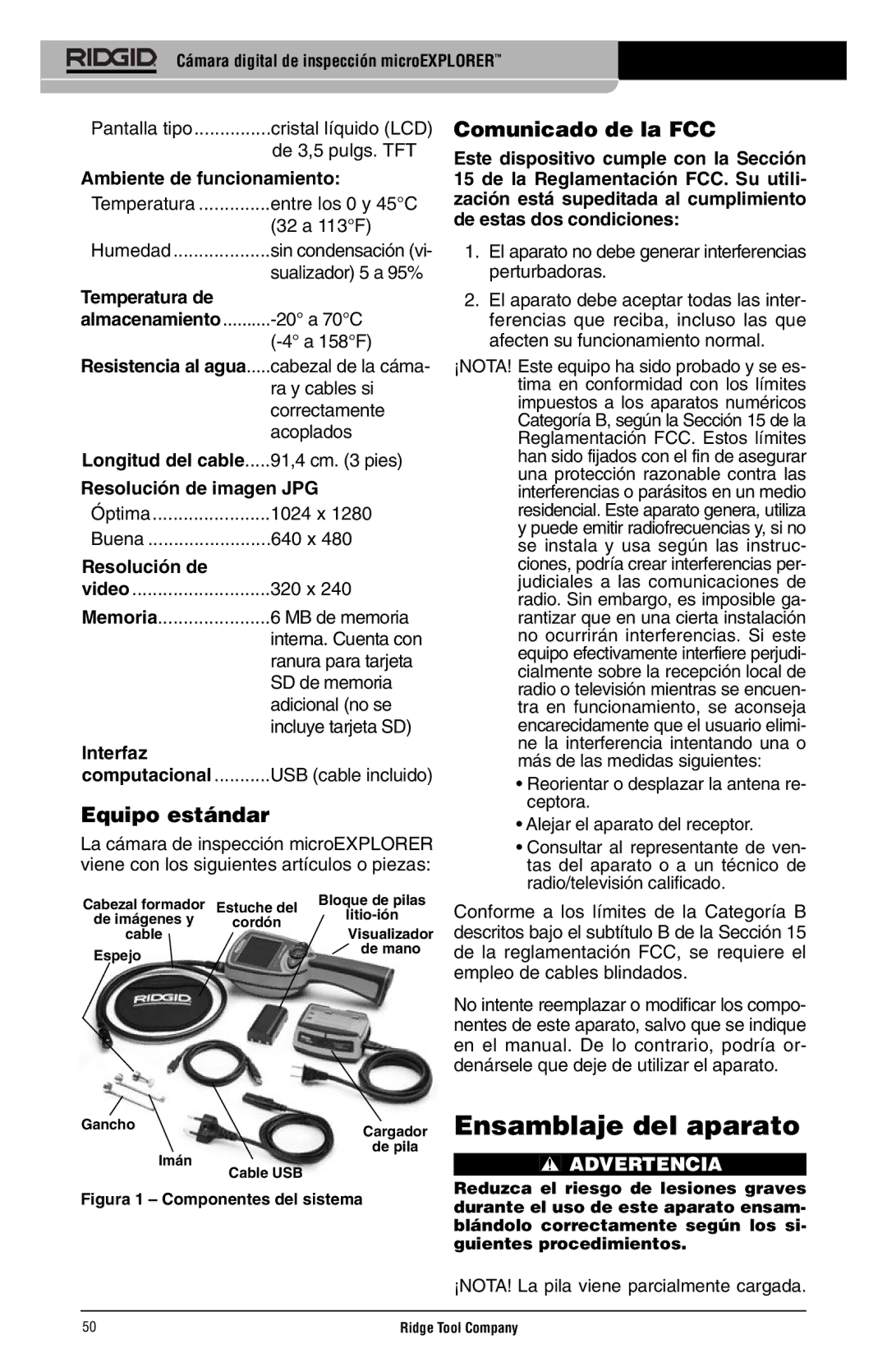 RIDGID microEXPLORER manual Ensamblaje del aparato, Equipo estándar, Comunicado de la FCC 