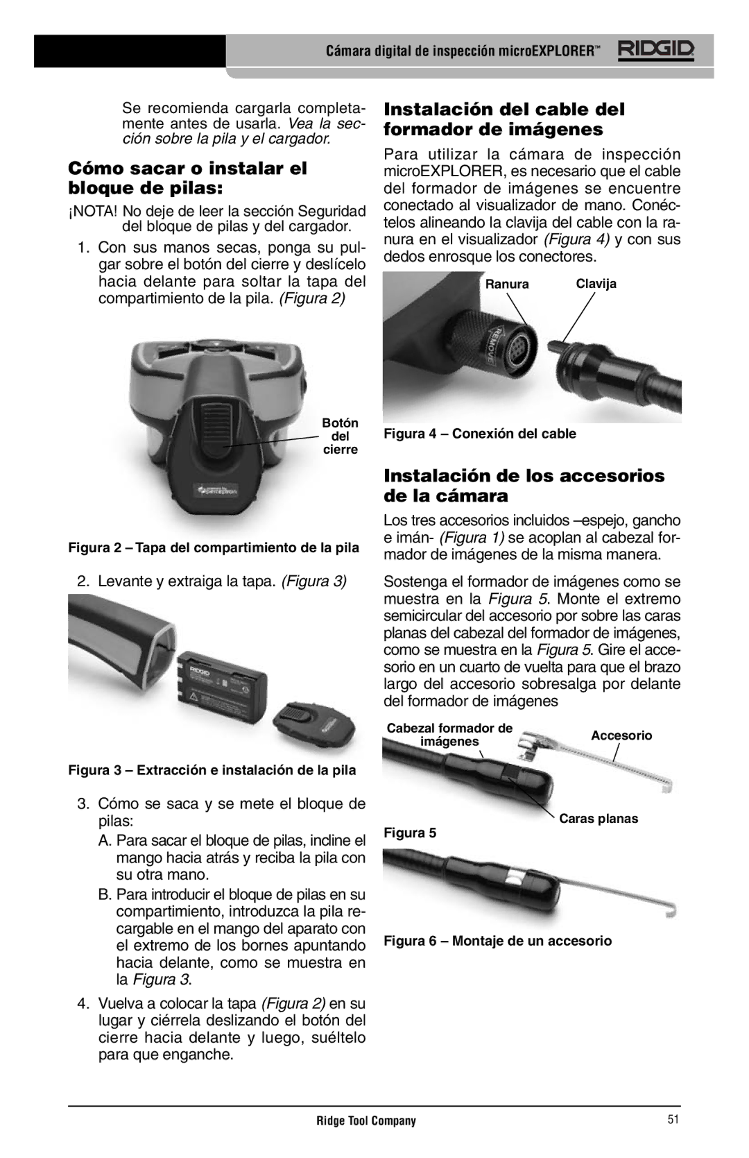 RIDGID microEXPLORER manual Cómo sacar o instalar el bloque de pilas, Instalación del cable del formador de imágenes 