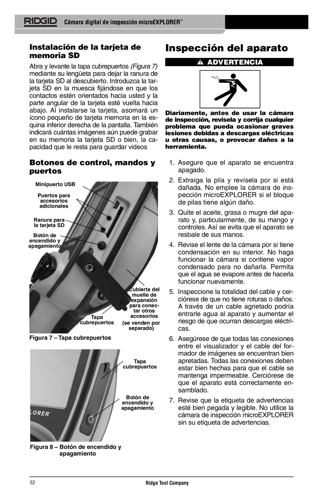 RIDGID microEXPLORER Inspección del aparato, Instalación de la tarjeta de memoria SD, Botones de control, mandos y puertos 