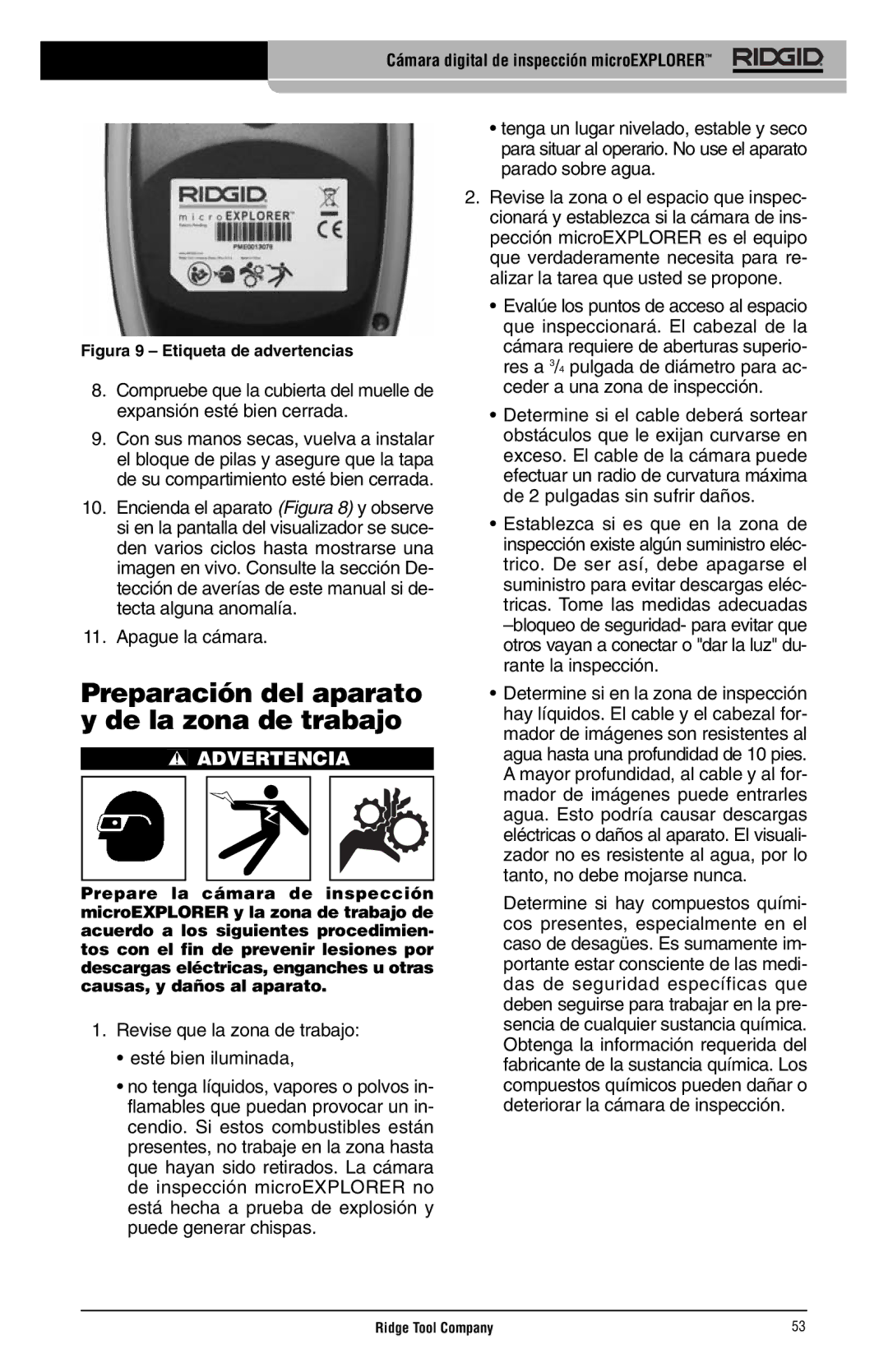 RIDGID microEXPLORER manual Preparación del aparato y de la zona de trabajo, Apague la cámara 