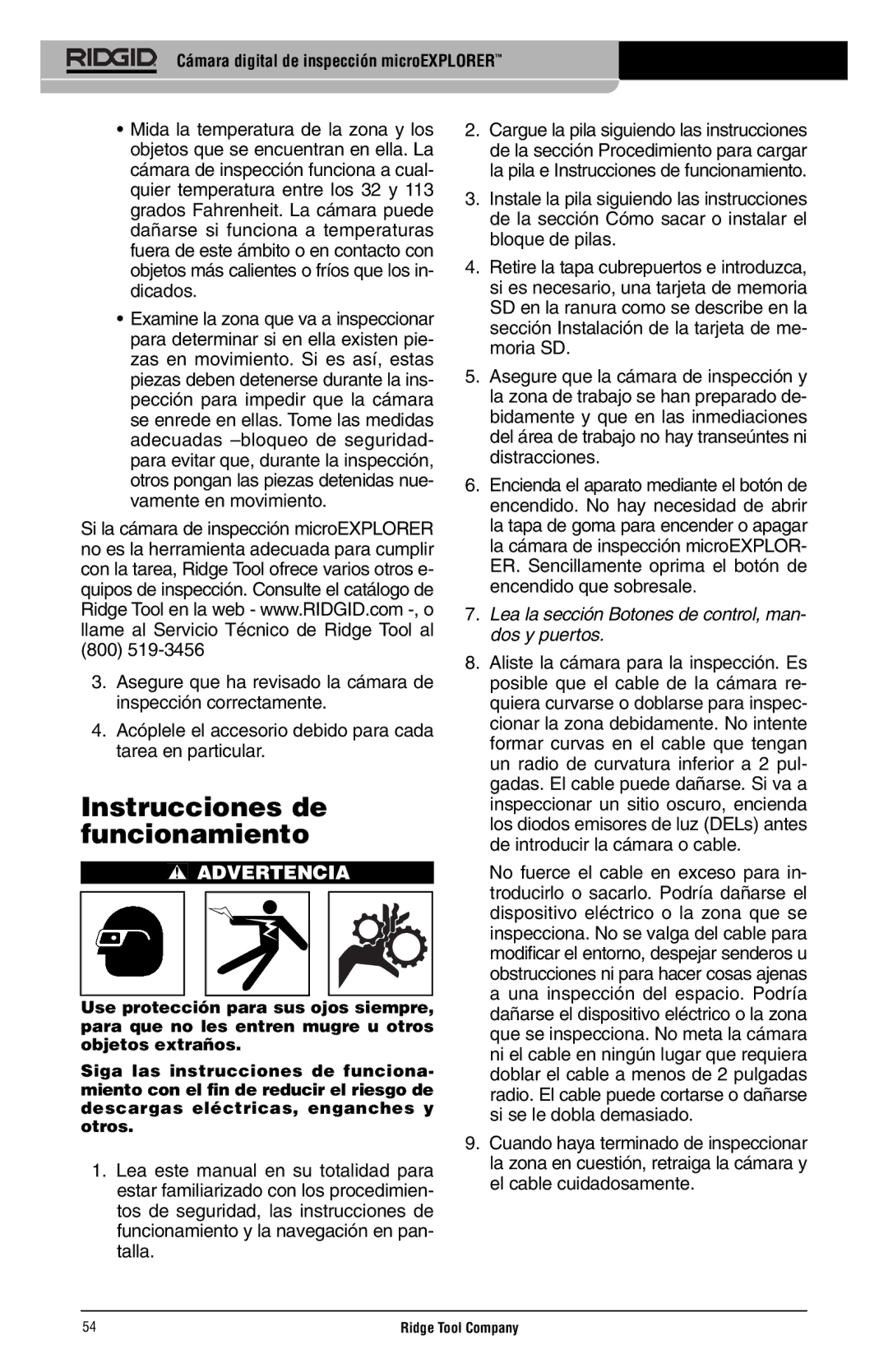 RIDGID microEXPLORER manual Instrucciones de funcionamiento, Lea la sección Botones de control, man- dos y puertos 