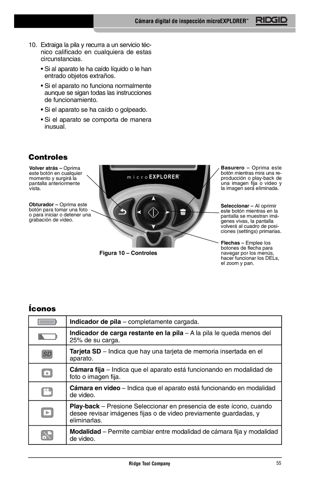 RIDGID microEXPLORER manual Controles, Íconos, Indicador de pila completamente cargada, Aparato 