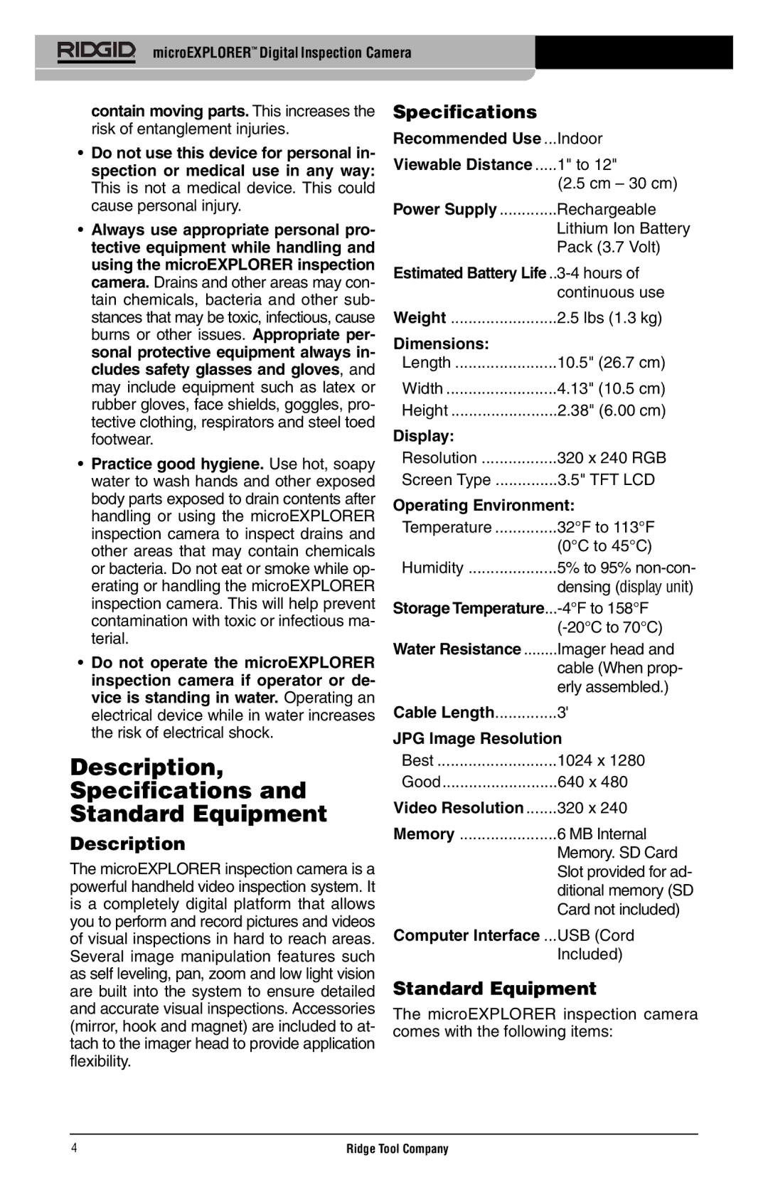 RIDGID microEXPLORER manual Description Specifications Standard Equipment 