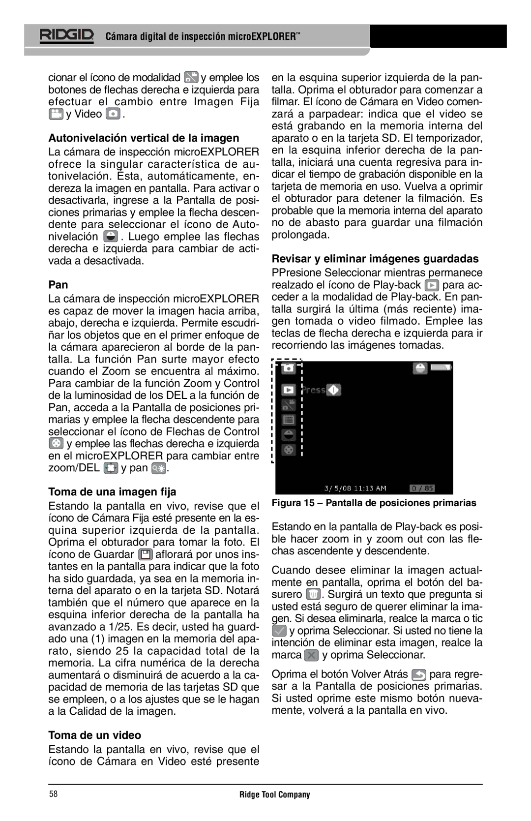 RIDGID microEXPLORER manual Autonivelación vertical de la imagen, Toma de una imagen fija, Toma de un video 