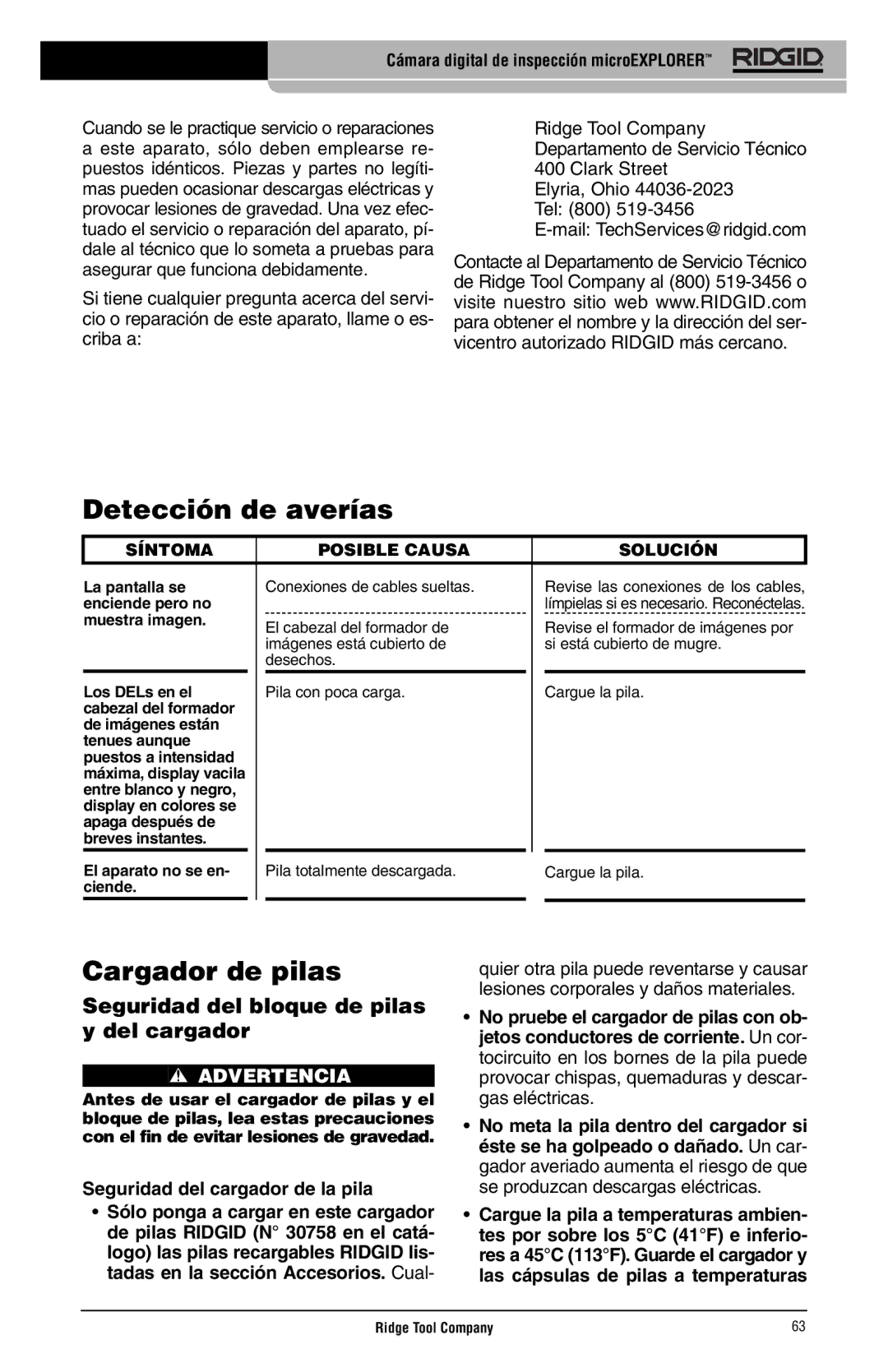 RIDGID microEXPLORER manual Detección de averías, Cargador de pilas, Seguridad del bloque de pilas y del cargador 